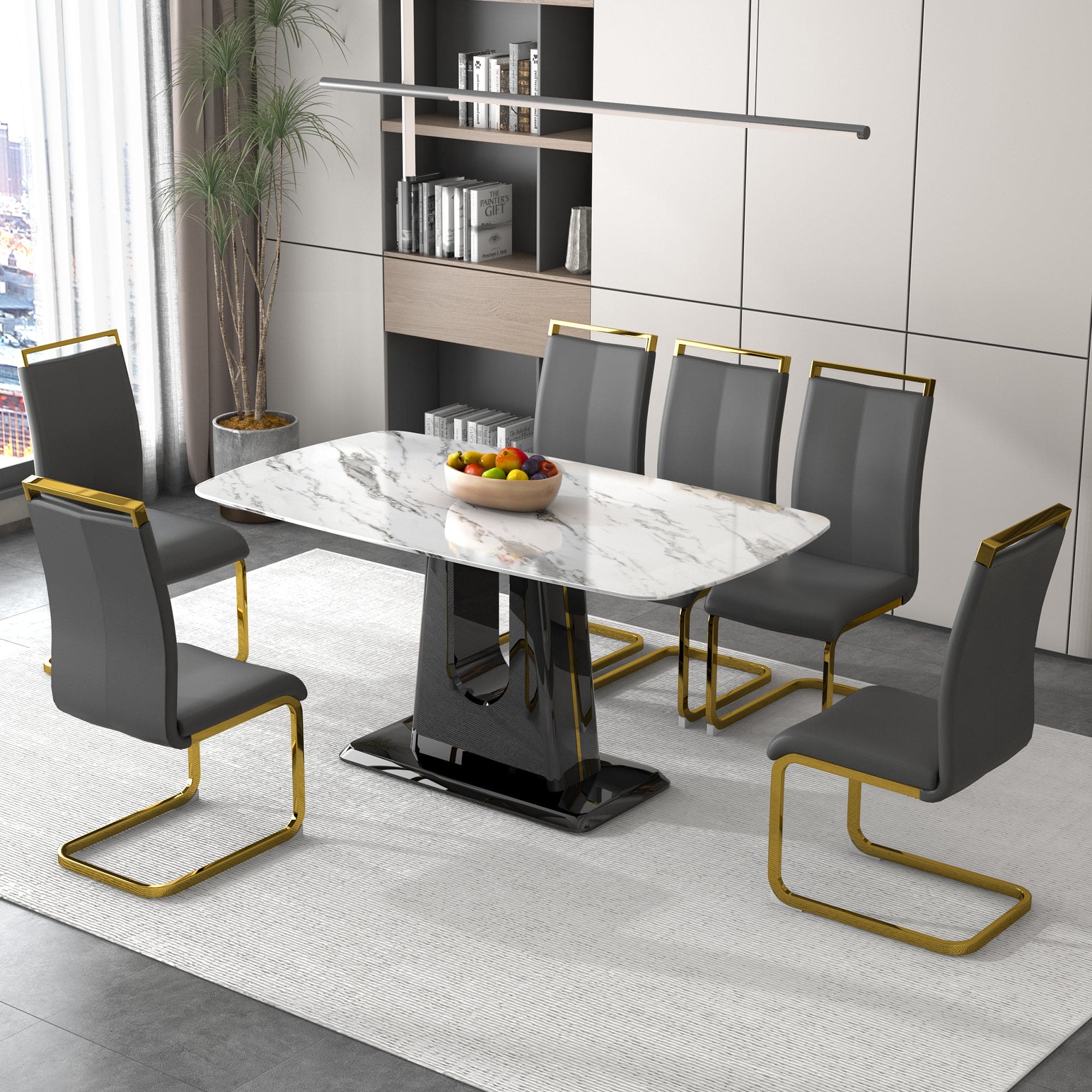 A modern, minimalist, and luxurious dining table with a white imitation marble tabletop and MDF legs with U-shaped brackets. Tables in restaurants and living rooms 63"*35.4"*30  F-U