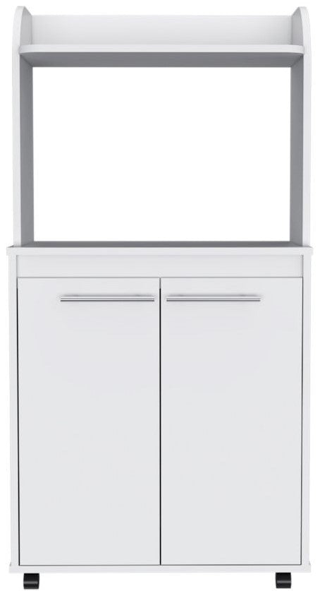 Kira Kitchen Kart, Double Door Cabinet, One Open Shelf, Two Interior Shelves -White