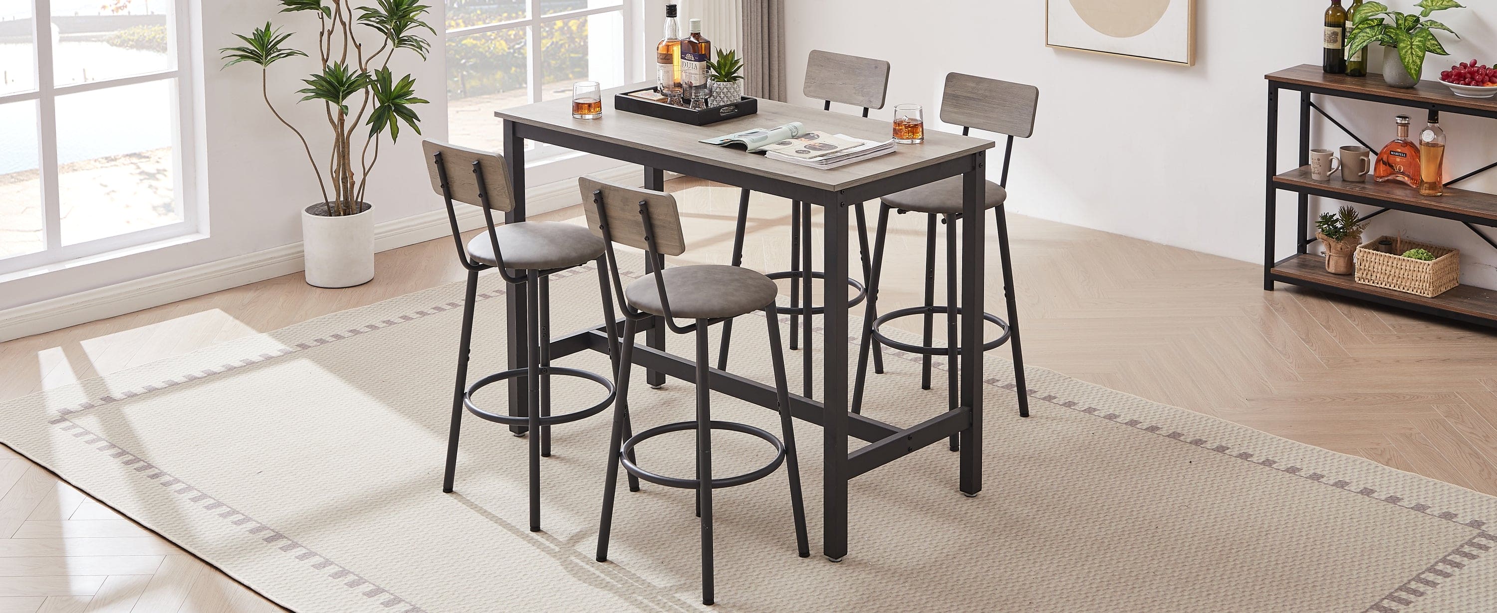 Bar Table Set with 4 Bar stools PU Soft seat with backrest, Grey, 47.24'' L x 23.62'' W x 35.43'' H