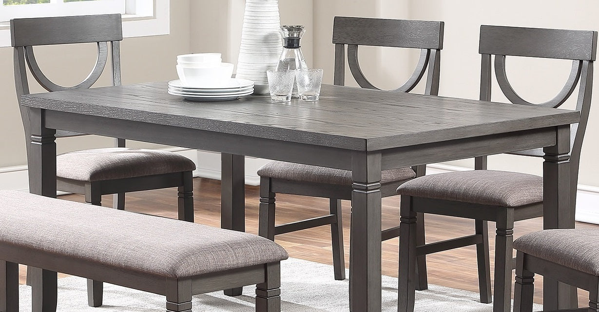 Dining Room Furniture 6pc Set Rectangle Table 4x Side Chairs and A Bench Grey Finish MDF Rubberwood