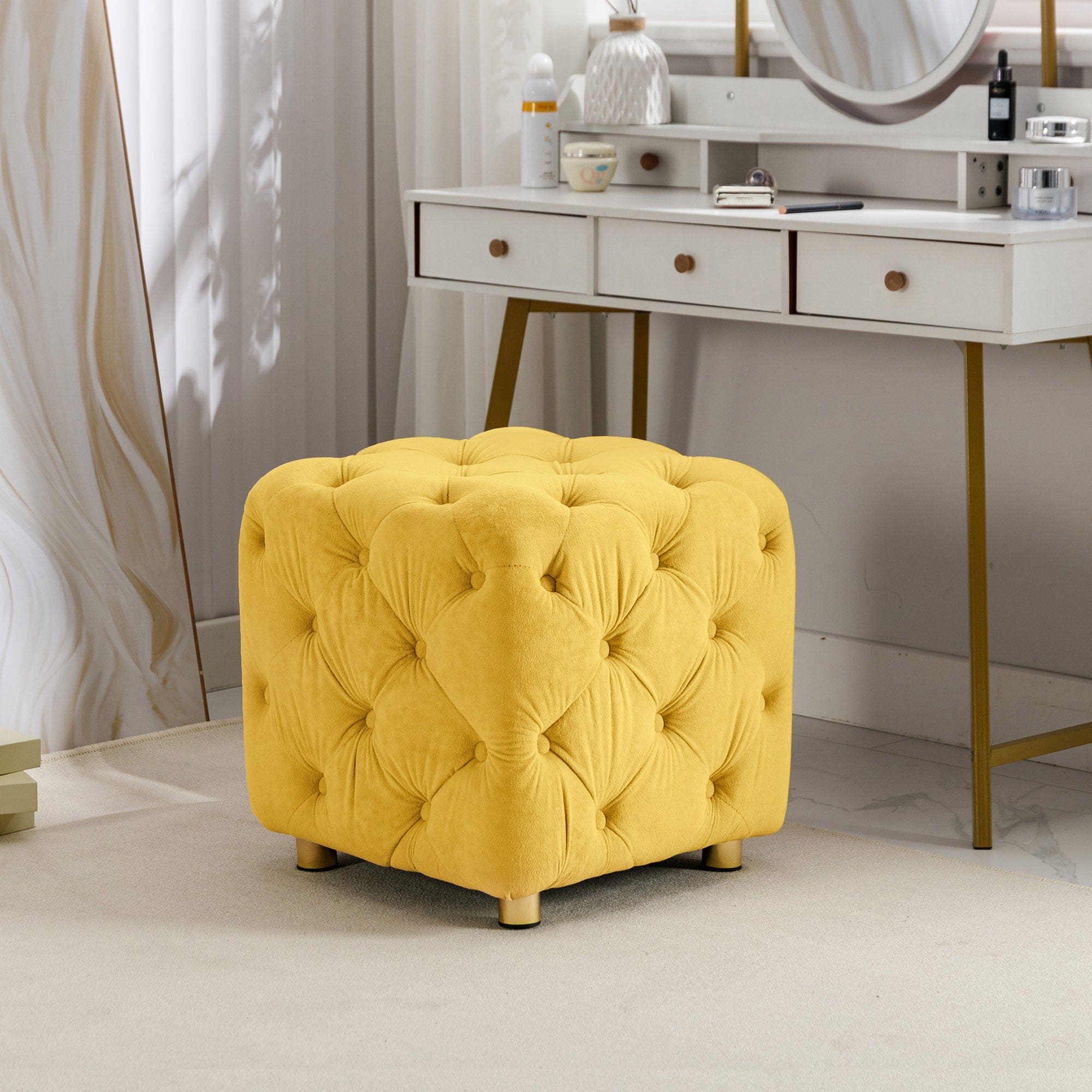 Yellow Modern Velvet Upholstered Ottoman, Exquisite Small End Table, Soft Foot Stool,Dressing Makeup Chair, Comfortable Seat for Living Room, Bedroom, Entrance