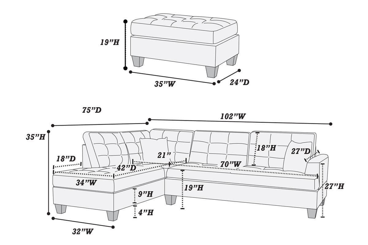 Sectional Sofa Chocolate Polyfiber Cushion Tufted Reversible 3pc Sectional Sofa, Chaise  Ottoman Living Room Furniture