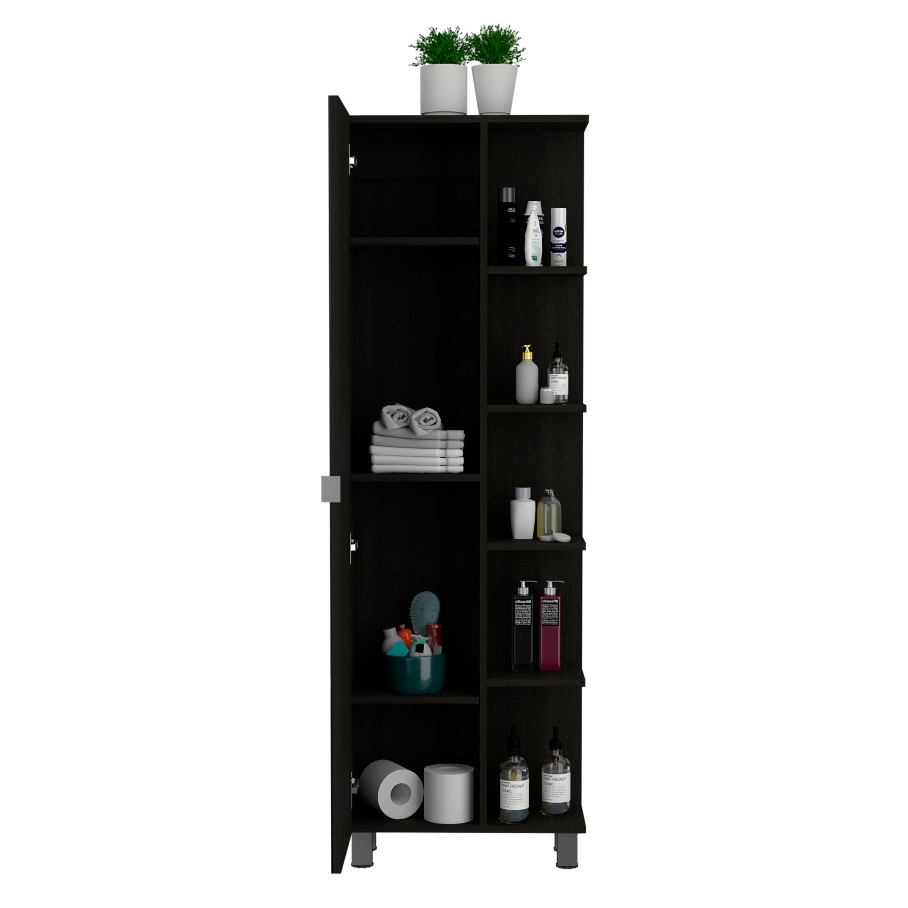 Mirror Linen Cabinet Reno,Four Interior Shelves, Black Wengue Finish