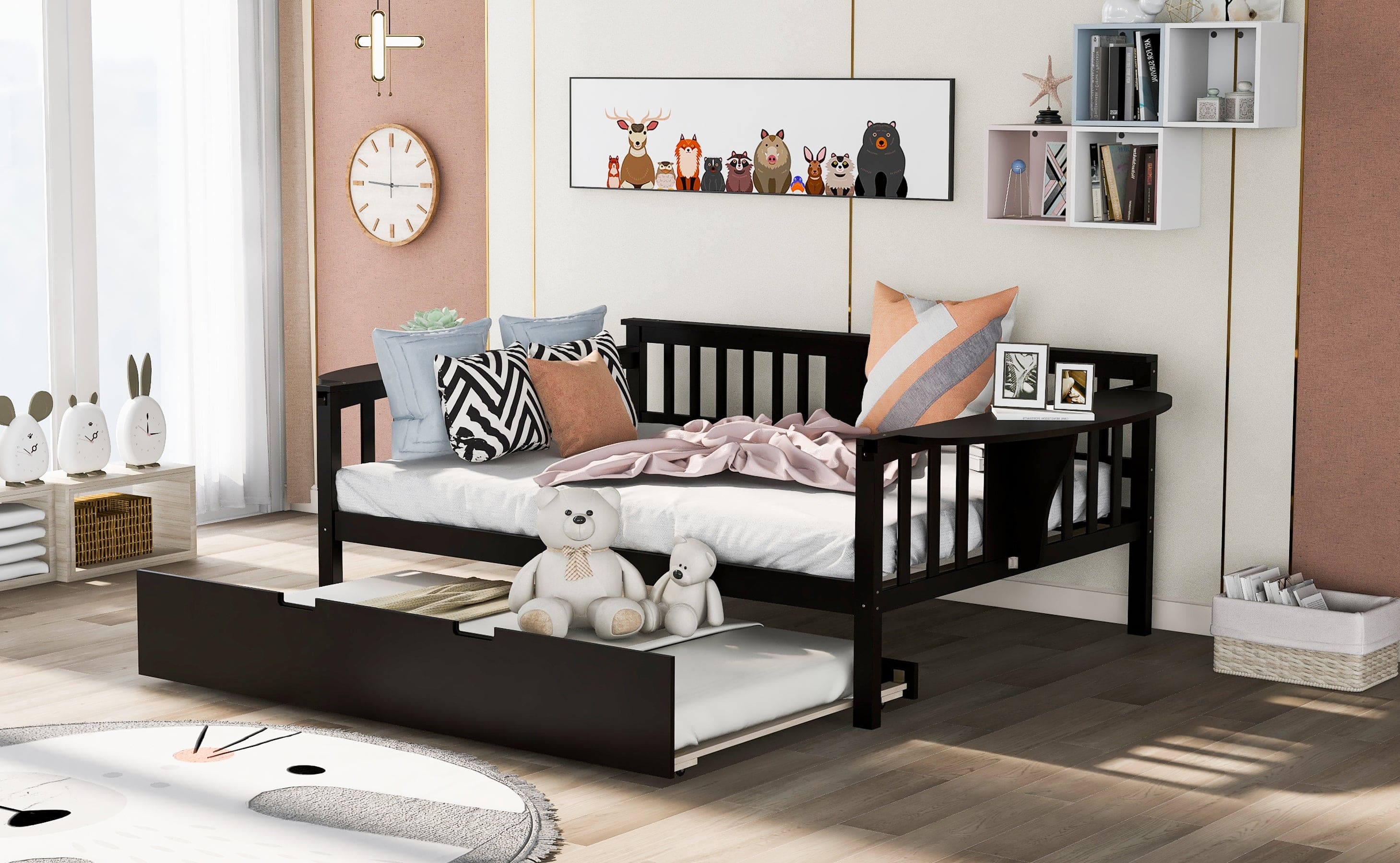 Full size Daybed with Twin size Trundle, Wood Slat Support, Espresso