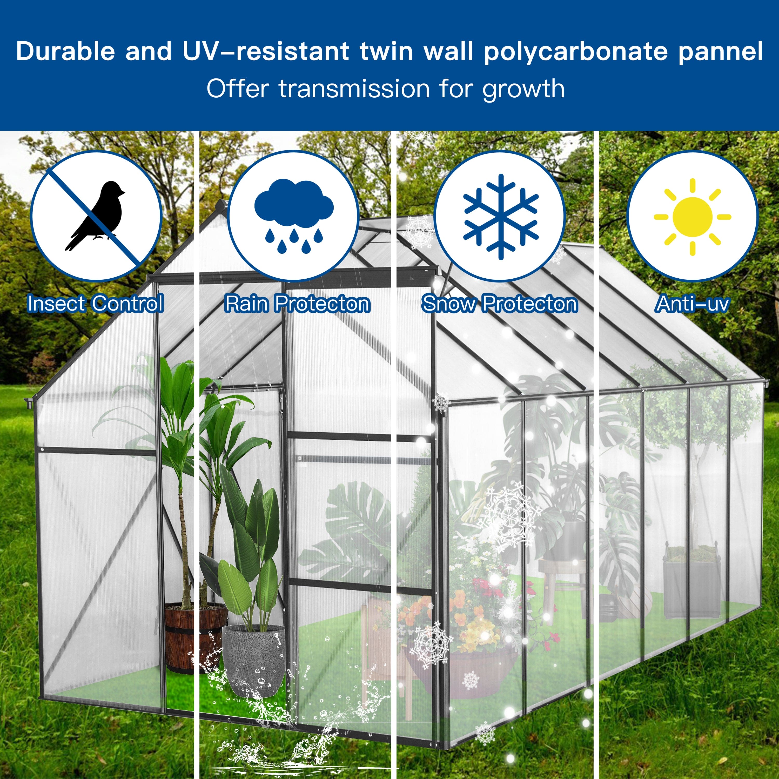 6x12 FT Polycarbonate Greenhouse Raised Base and Anchor Aluminum Heavy Duty Walk-in Greenhouses for Outdoor Backyard in All Season,Black