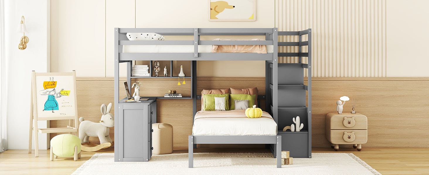 Full Over Twin Bunk Bed with Desk, Drawers and Shelves, Gray