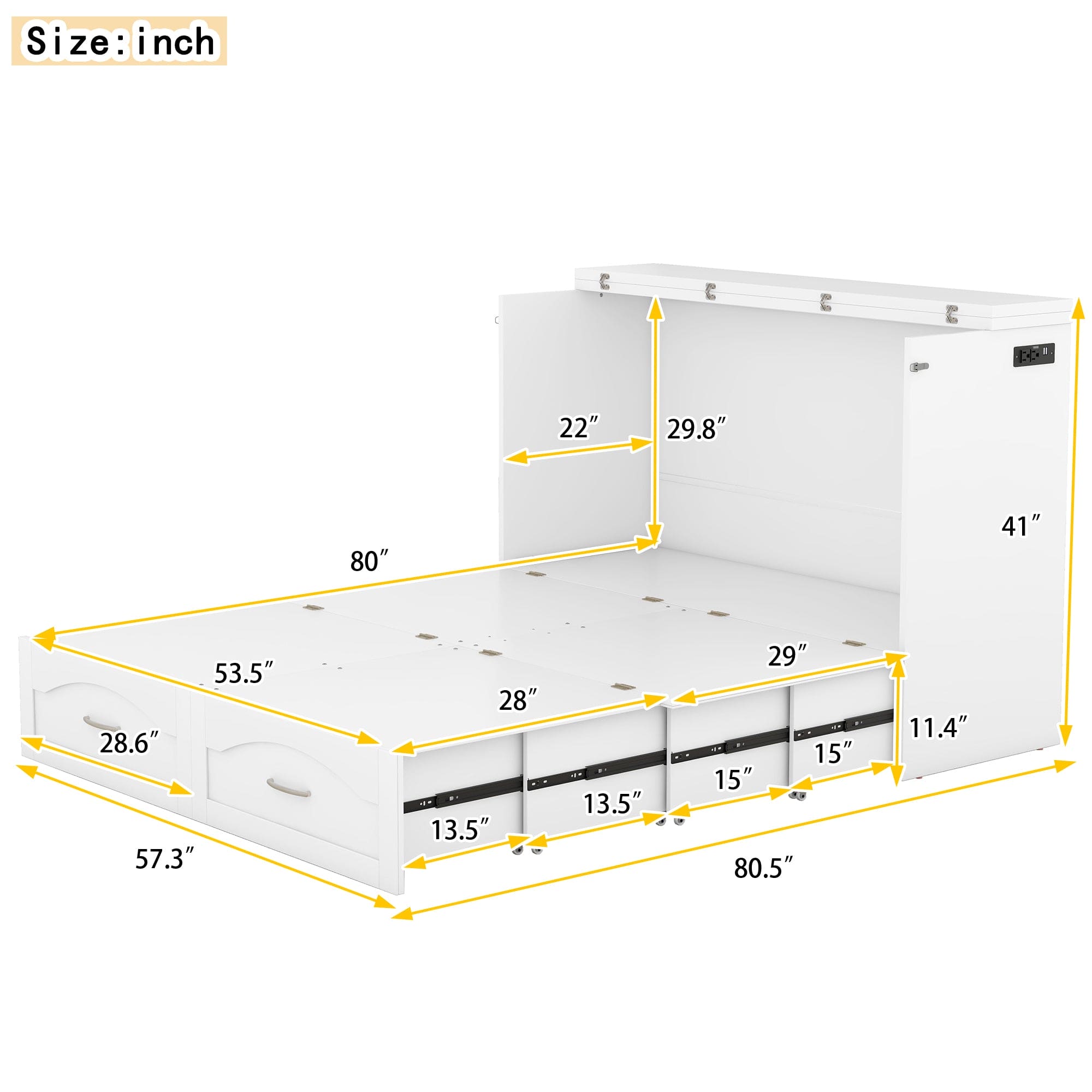 Full Size Murphy Bed Wall Bed with drawer and a set of Sockets & USB Ports, Pulley Structure Design, White