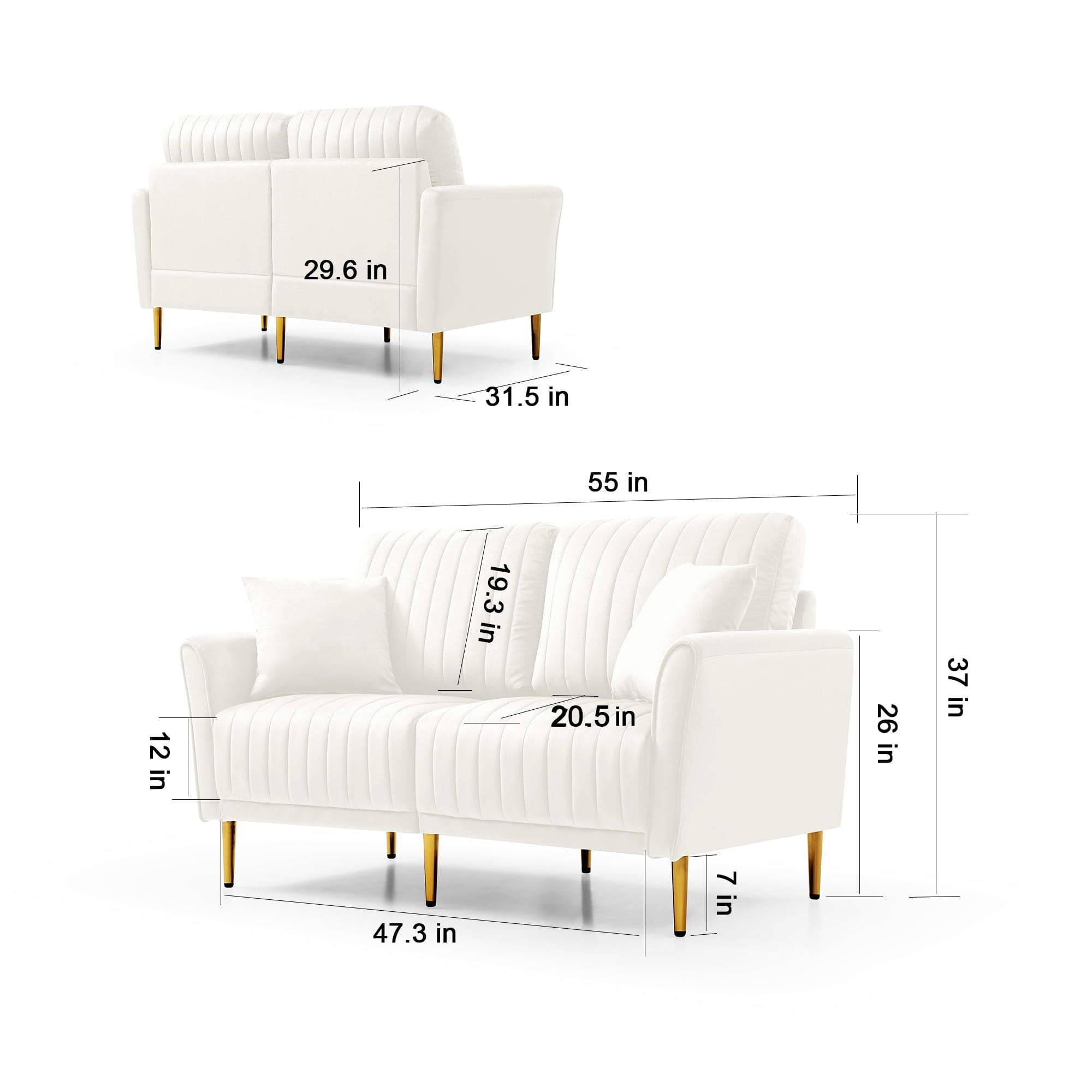 Modern Upholstered Sofa 3 Seater Couches and 2 Set of 2 Seater Couchses for Living Room Sectional Sofas w/throw Pillows and Gold Metal Legs, Cream Velvet