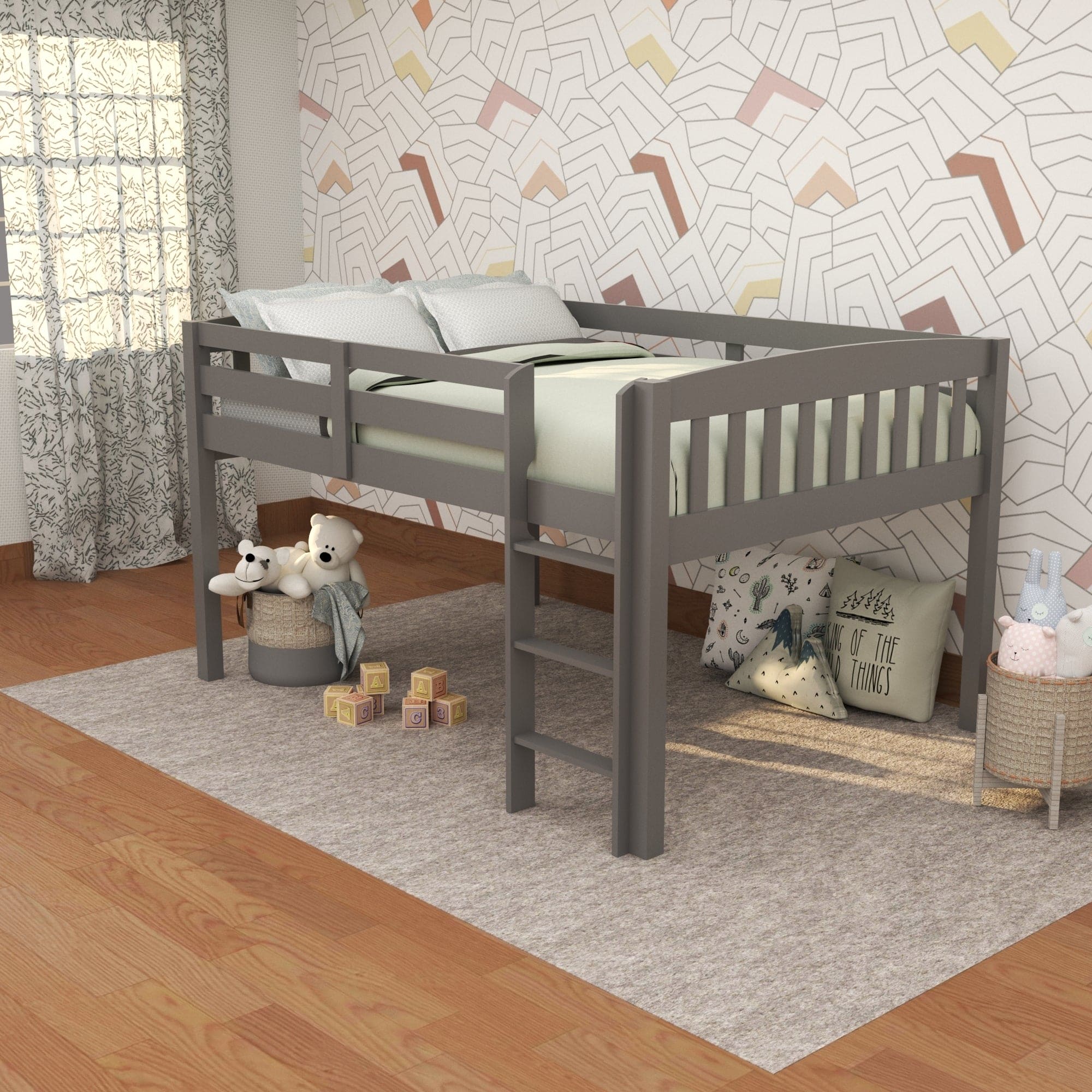 Yes4wood Elbrus Grey Low Loft Bed with Storage