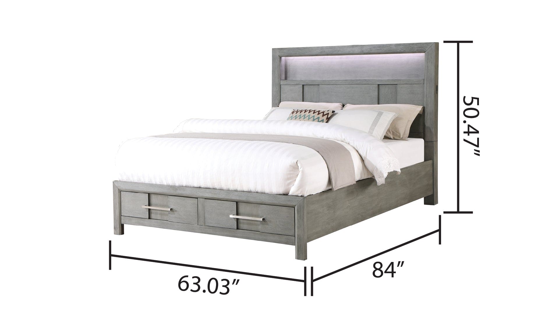 Kenzo Modern Style Queen Bed Made with Wood & LED Headboard with bookshelf in Gray