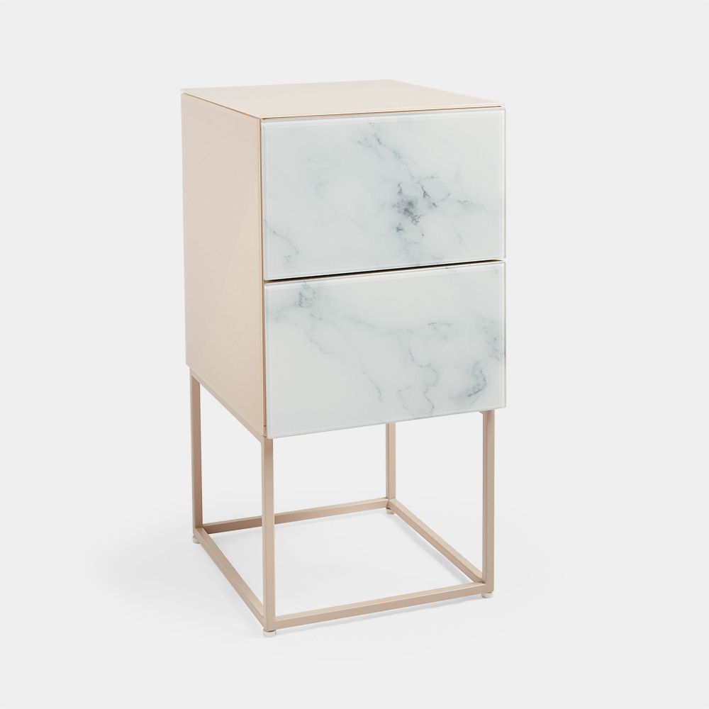 Tempered Glass Marble Stone Double Drawer Bedside Table for Bedroom, Living Room