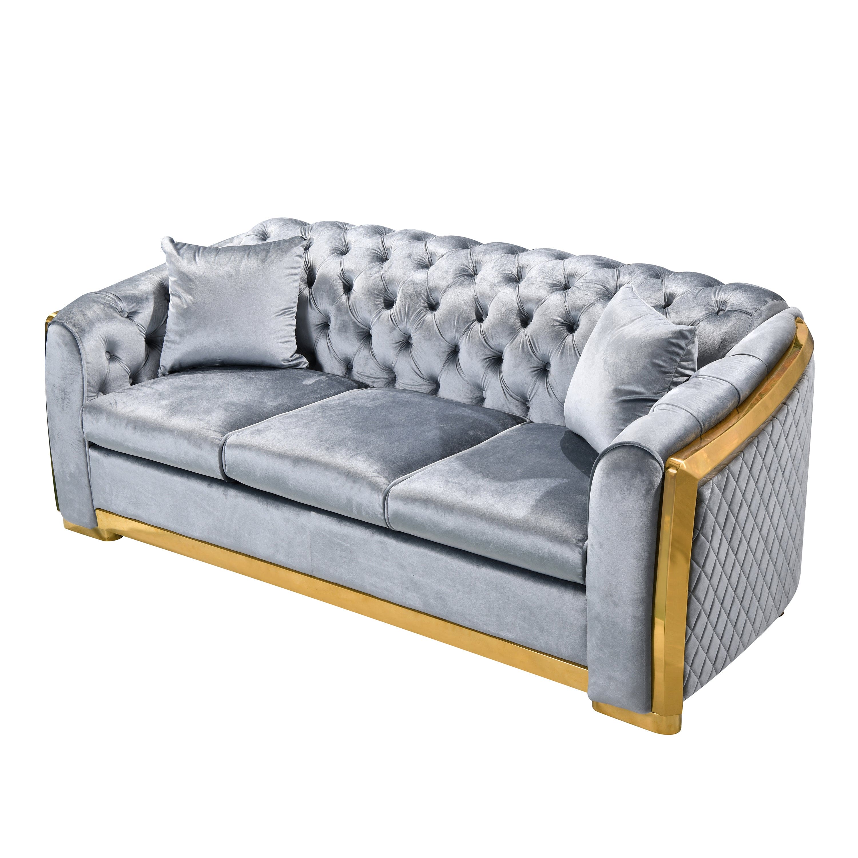 Velvet Luxury Chesterfield Sofa Set, 84 Inches Tufted 3 Seat Couch with Gold Stainless for Living Room, Grey Fabric