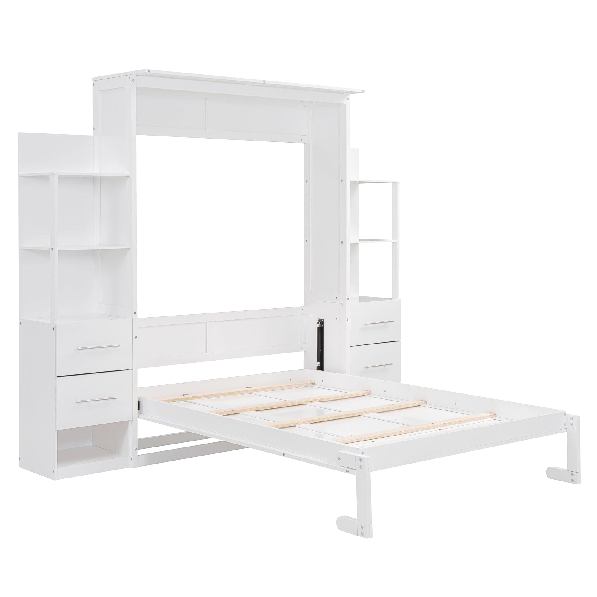 Full Size Murphy Bed Wall Bed with Shelves, Drawers and LED Lights,White