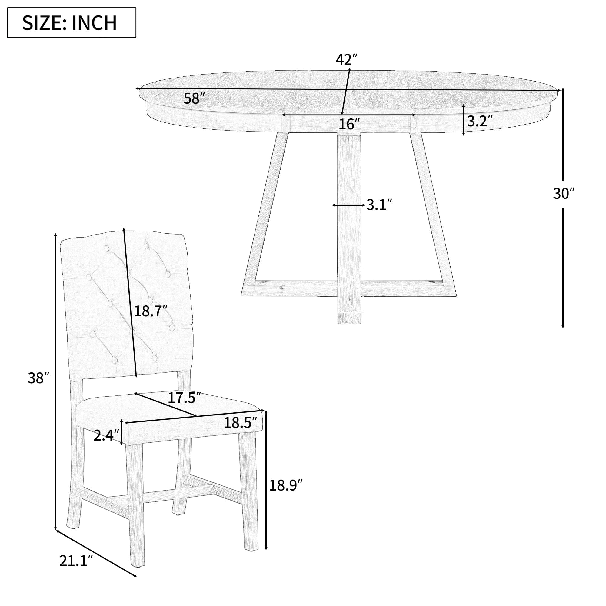 TREXM 5-Piece Retro Functional Dining Set, Round Table with a 16"W Leaf and 4 Upholstered Chairs for Dining Room and Living Room (Natural)