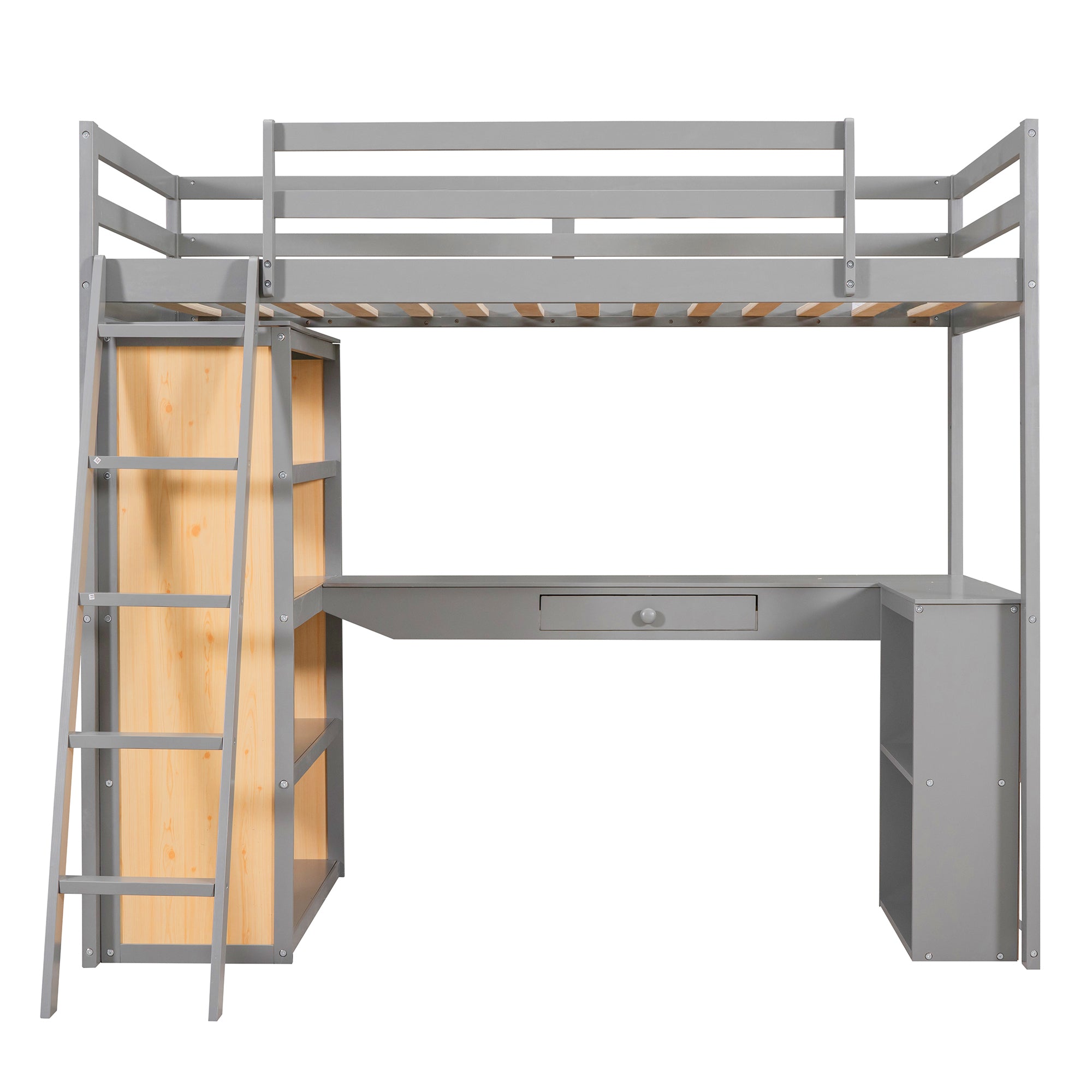 Twin Size Loft Bed with Ladder, Shelves, and Desk, Gray(LT100225AAE)