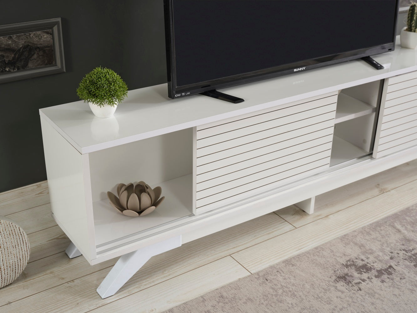 FurnisHome Store Luxia Mid Century Modern Tv Stand 2 Sliding Door Cabinet 2 Shelves 67 inch Tv Uni, White