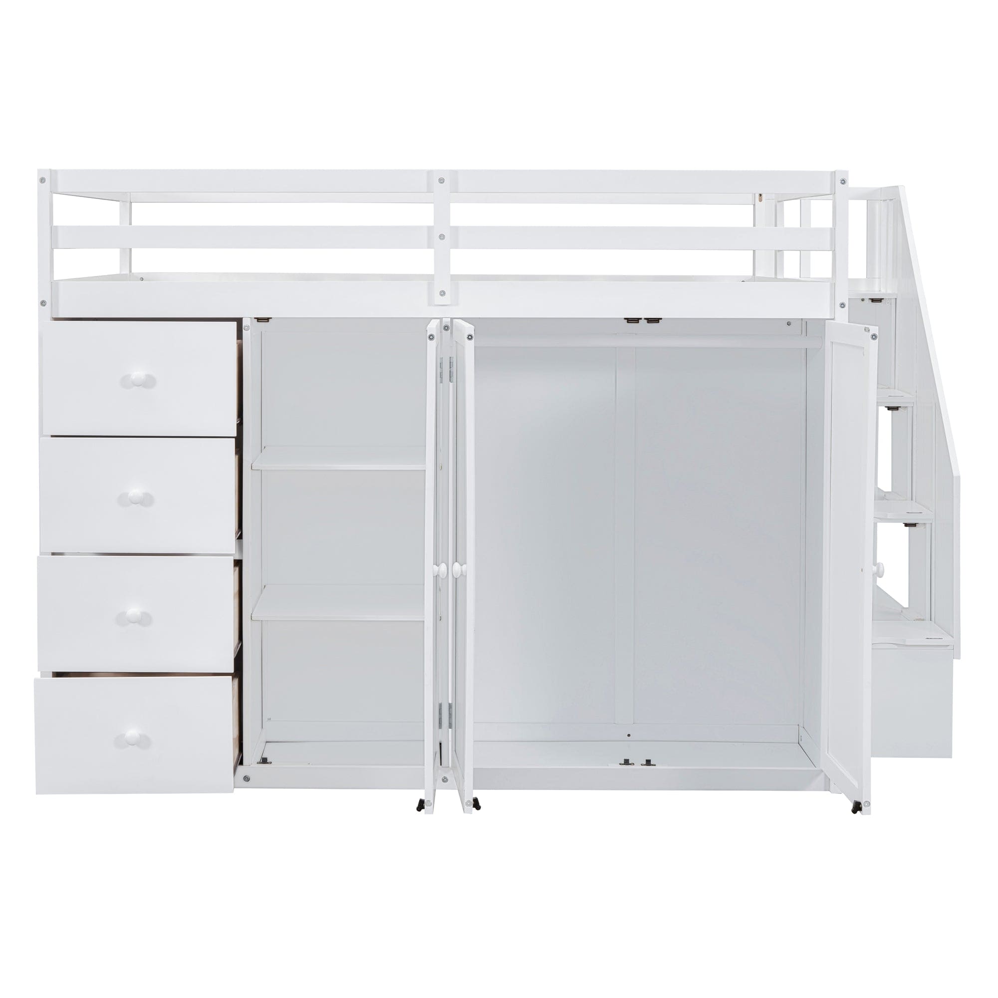 Full Size Wood Loft Bed With Built-in Wardrobes, Cabinets and Drawers, White