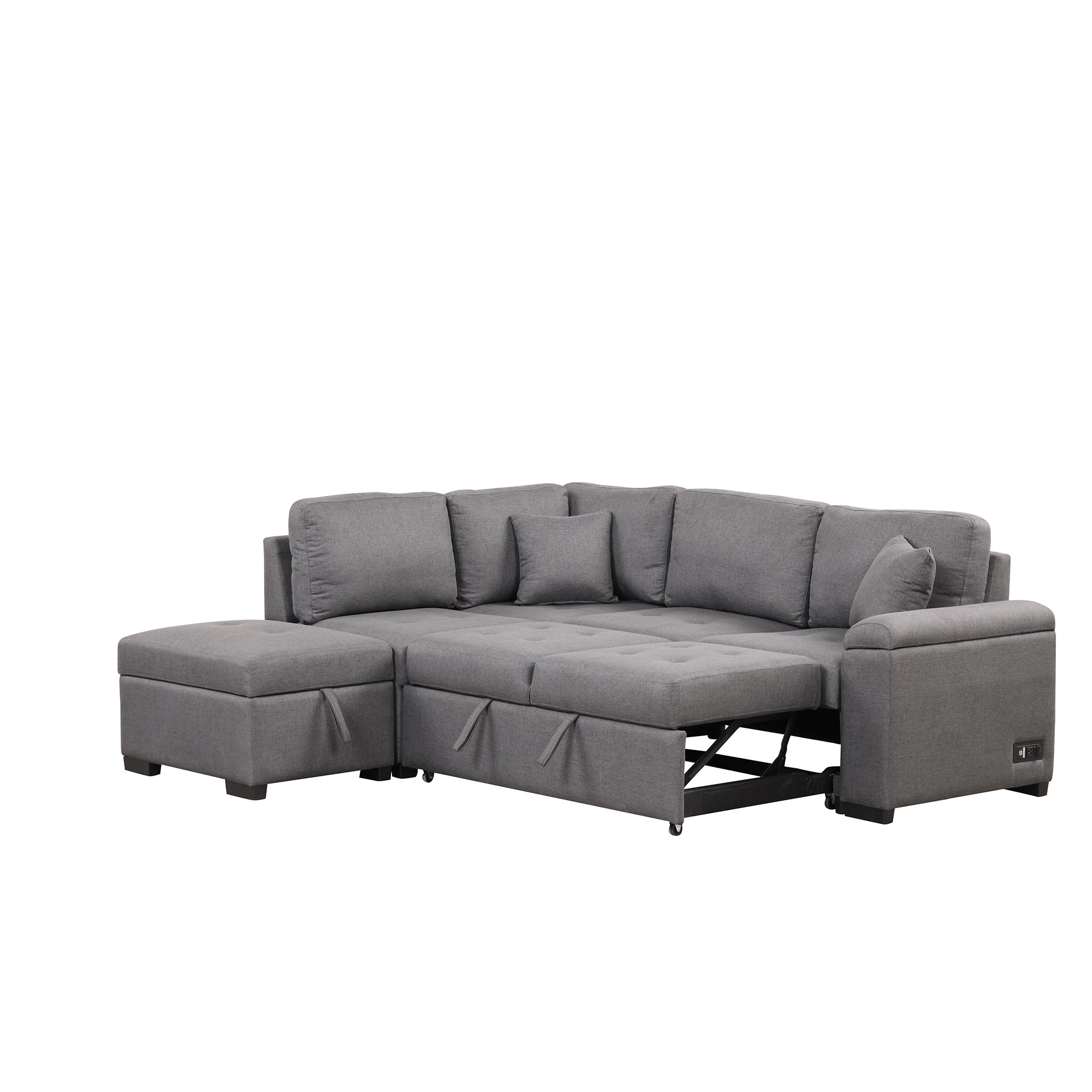 Sleeper Sectional Sofa, L-Shape Corner Couch Sofa-Bed with Storage Ottoman & Hidden Arm Storage & USB Charge  for Living Room Apartment, Dark Gray