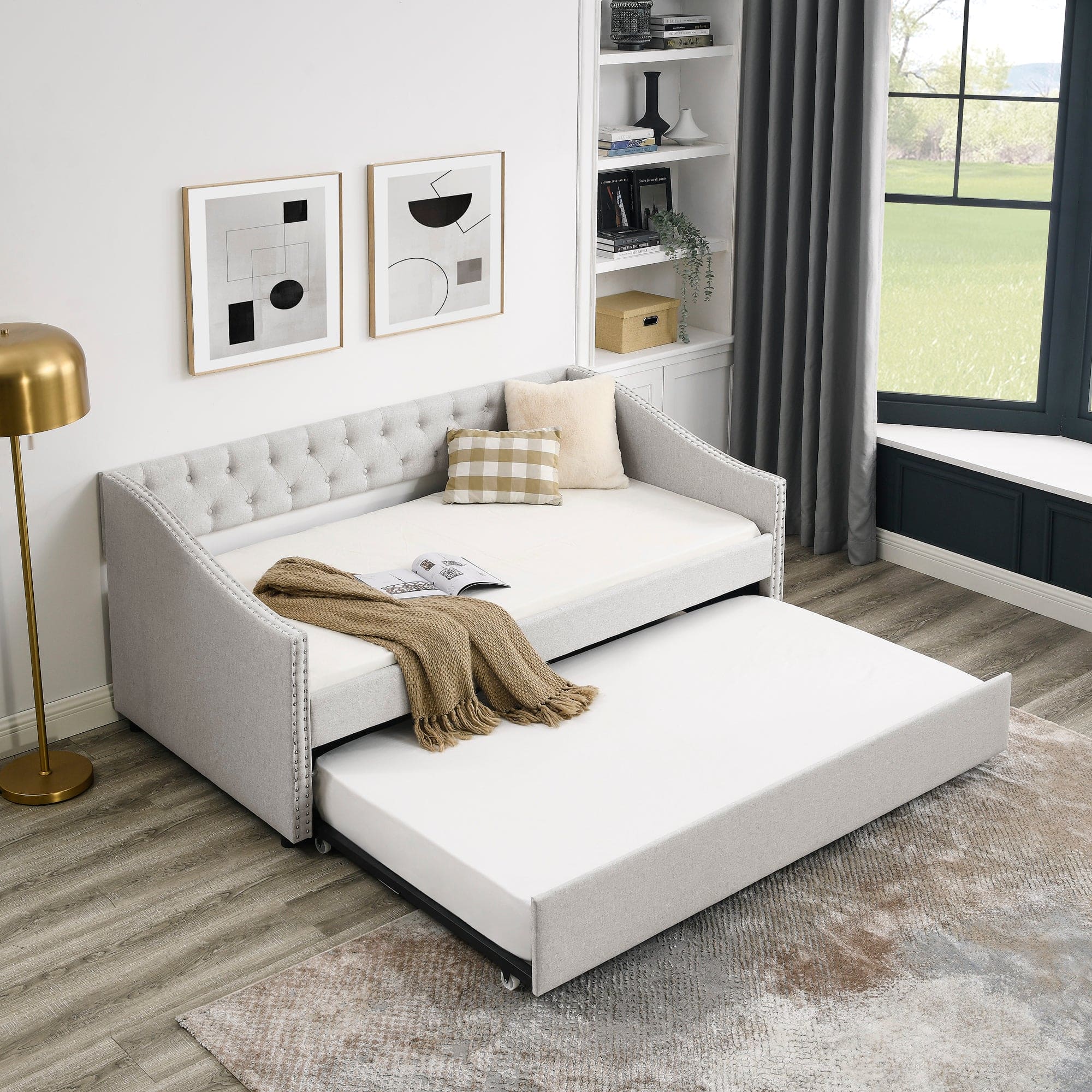 Twin Size Daybed with Twin Size Trundle Upholstered Tufted Sofa Bed, with Button on Back and Copper Nail on Waved Shape Arms, Beige (80.5"x41"x30.5")