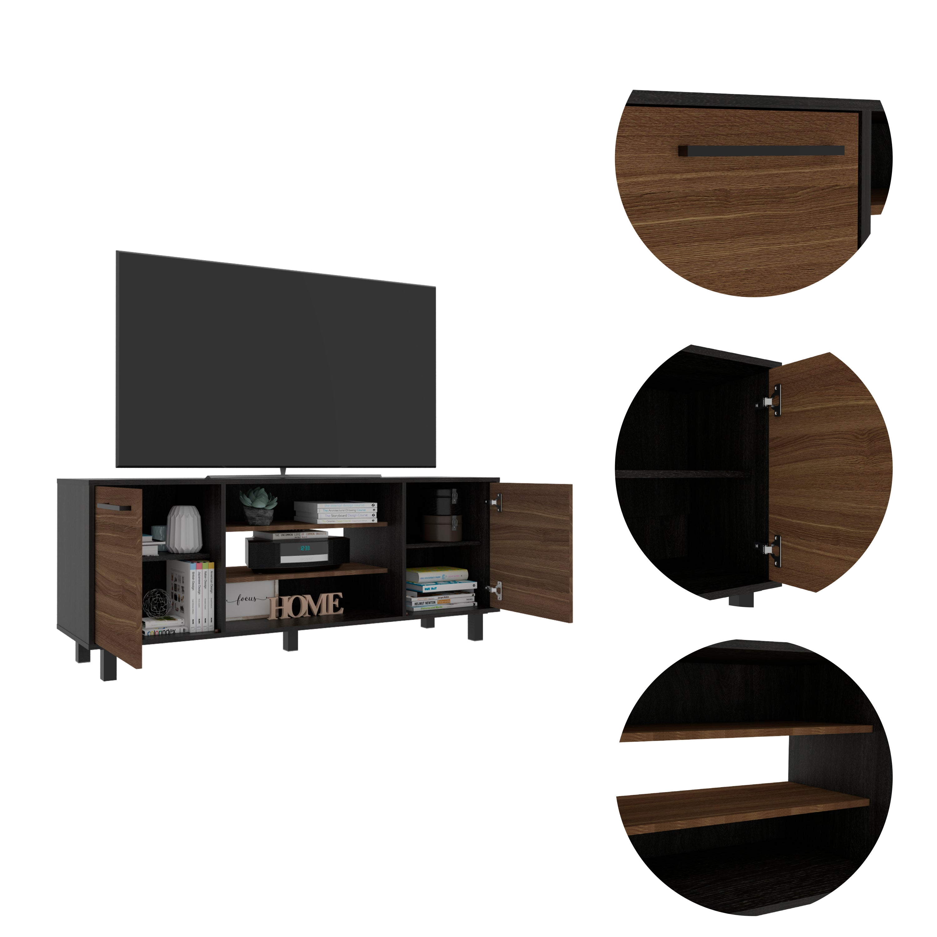 Kaia Tv Stand for TV´s up 55", Four Shelves, Three Shelves -Black / Pine