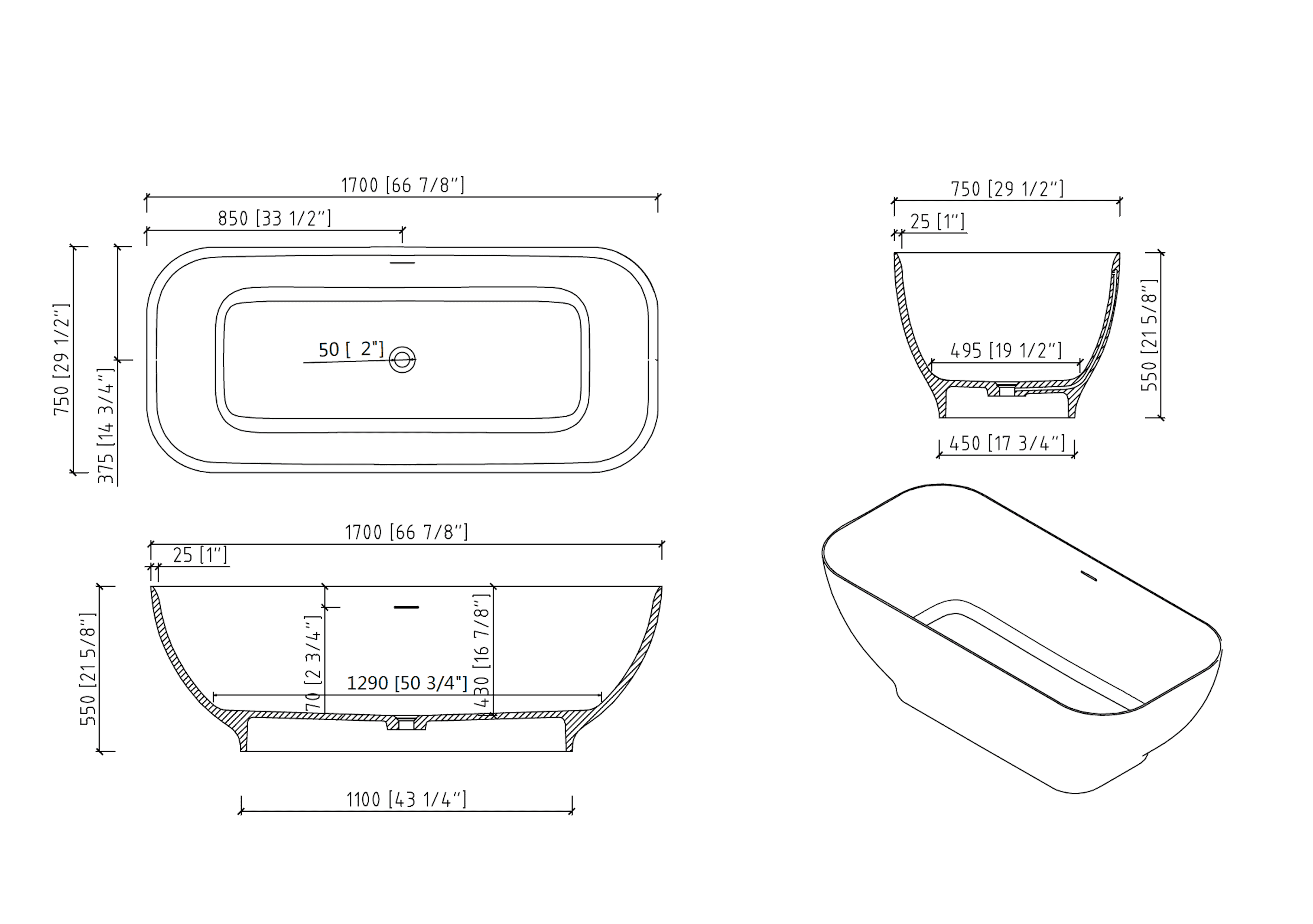 Luxury Solid Surface Freestanding Soaking Bathtub with Overflow and Drain in Matte White, cUPC Certified - 67*29.5 22S04-67