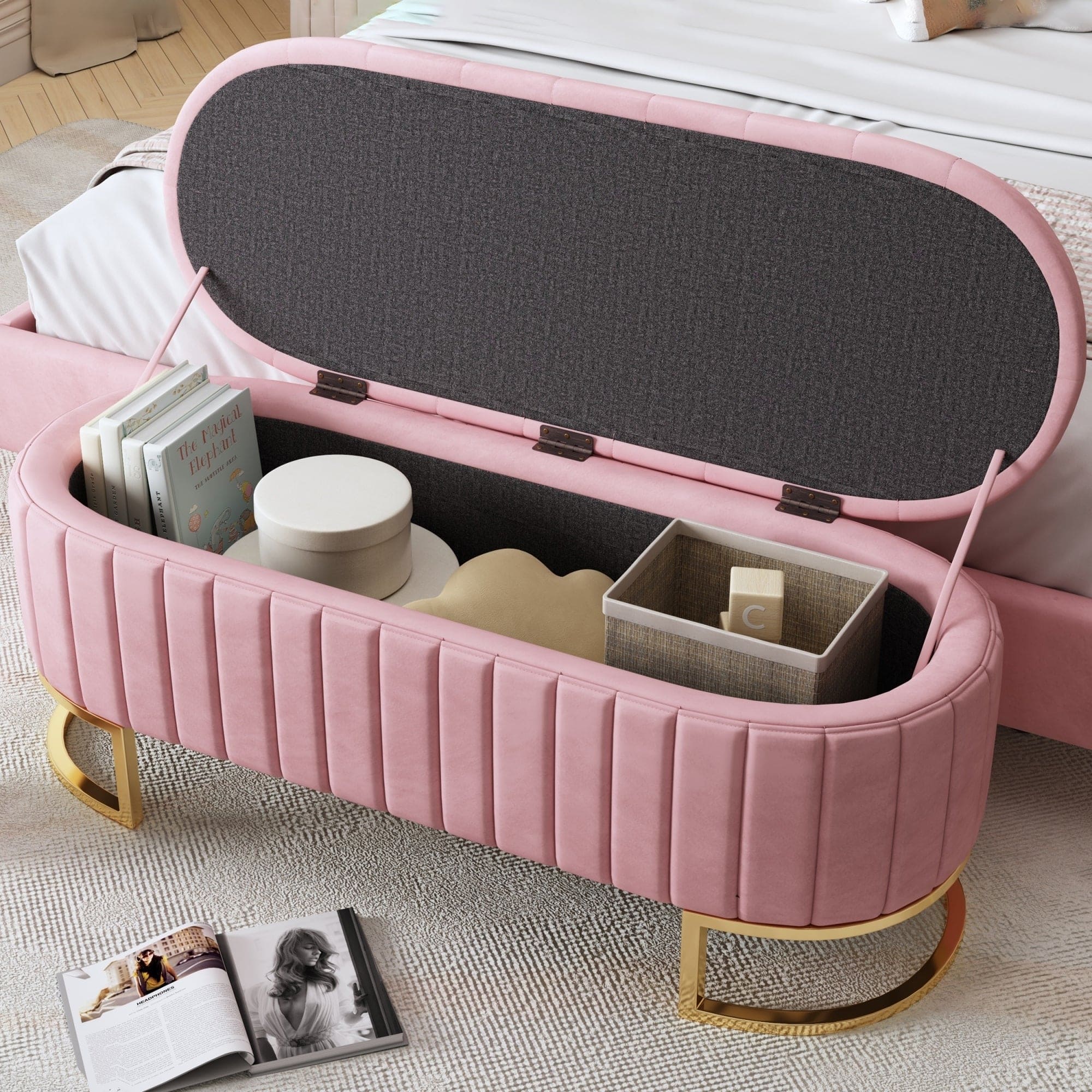 Elegant Upholstered Velvet Storage Ottoman with Button-Tufted,Storage Bench with Metal Legs for Bedroom,Living Room,Fully Assembled Except Legs,Pink