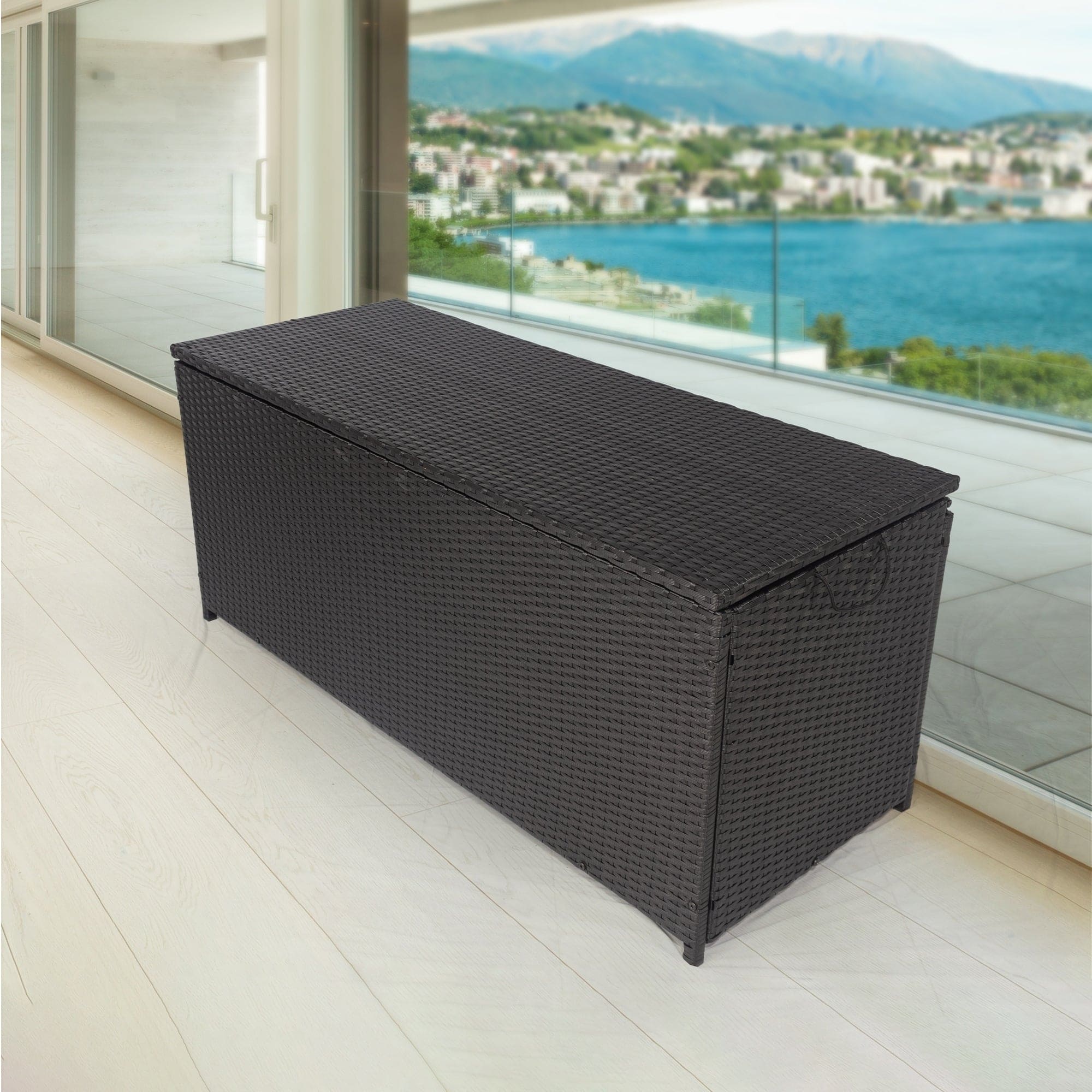 Outdoor Storage Box, 113 Gallon Wicker Patio Deck Boxes with Lid, Outdoor Cushion Storage Container Bin Chest for Kids Toys, Pillows, Towel Black