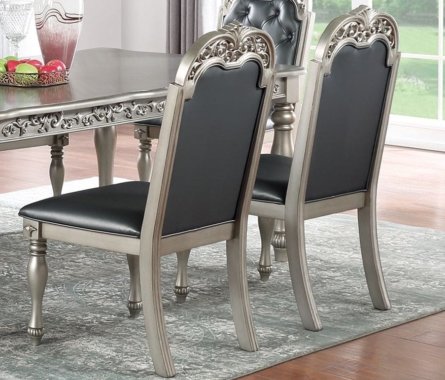 Traditional Formal Silver / Grey Finish 7pc Dining Set Table w 6x Side Chairs Rubber wood Intricate Design Tufted back Cushion Seat Dining Room Furniture