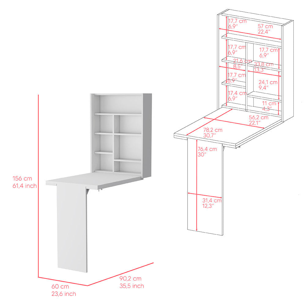 Foldable Table Tacoma, Seven Interior Shelves, White Finish