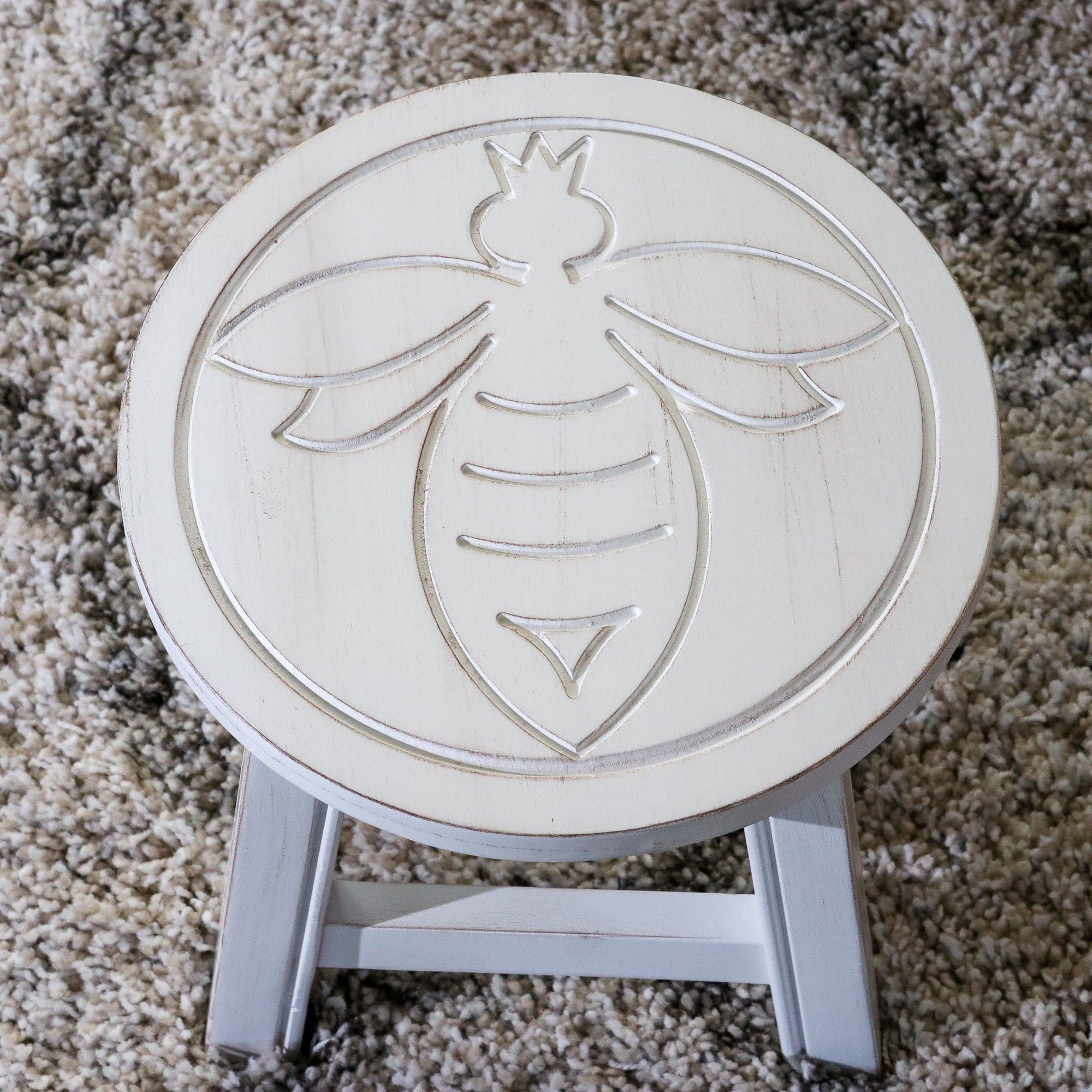 Carved Wooden Step Stool, Queen Bee, Antique White