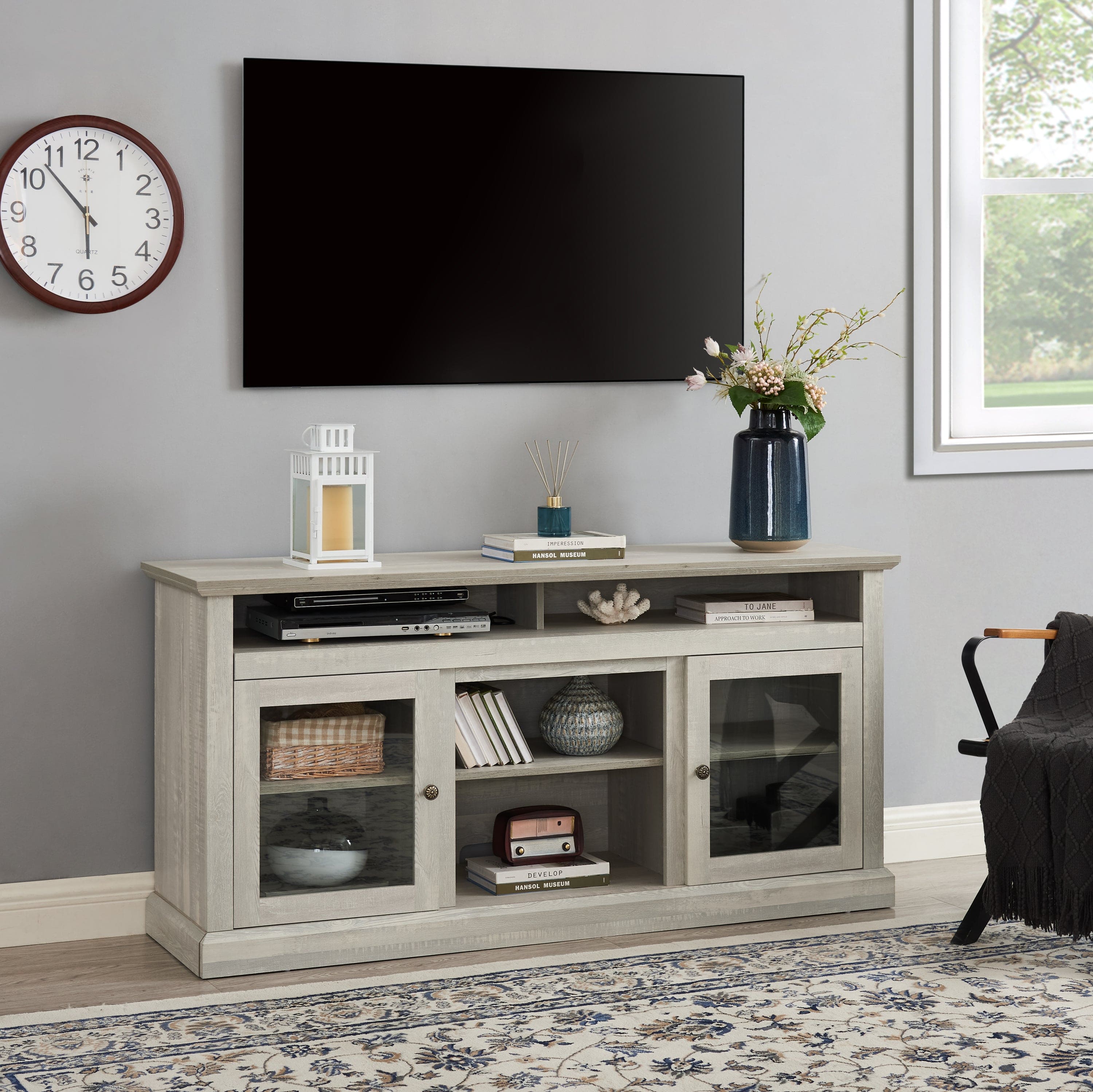 Contemporary TV Media Stand Modern Entertainment Console for TV Up to 65" with Open and Closed Storage Space, Stone Gray, 60"W*15.75"D*29"H