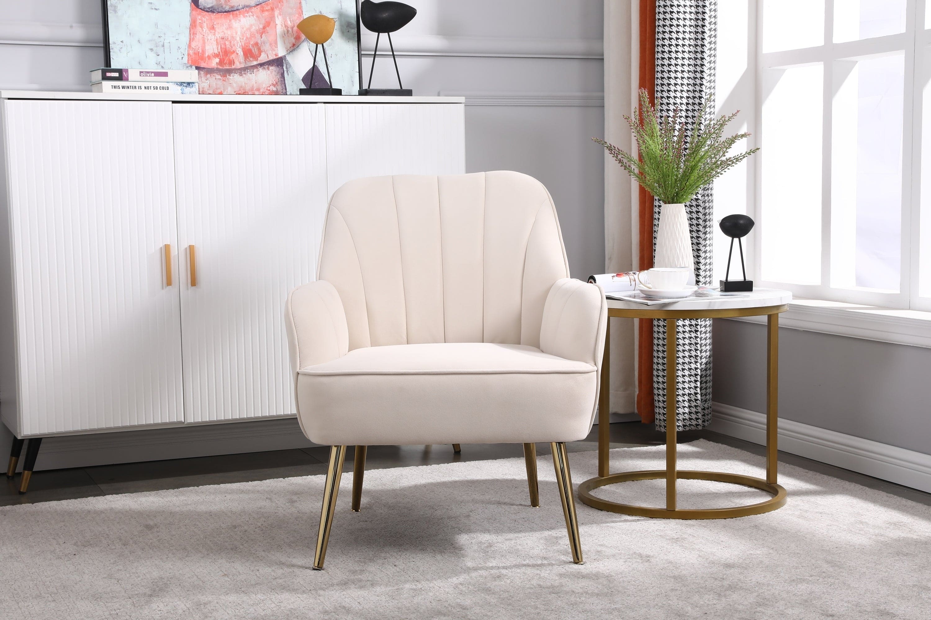 Modern Mid Century Chair velvet  Sherpa Armchair for Living Room Bedroom Office Easy Assemble(BEIGE)