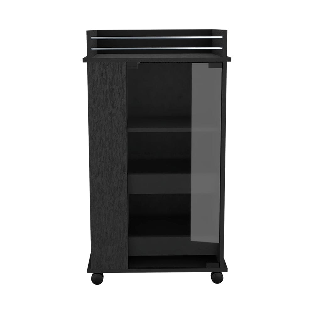 Bar Cart with Two-Side Shelves Beaver, Glass Door and Upper Surface, Black Wengue Finish