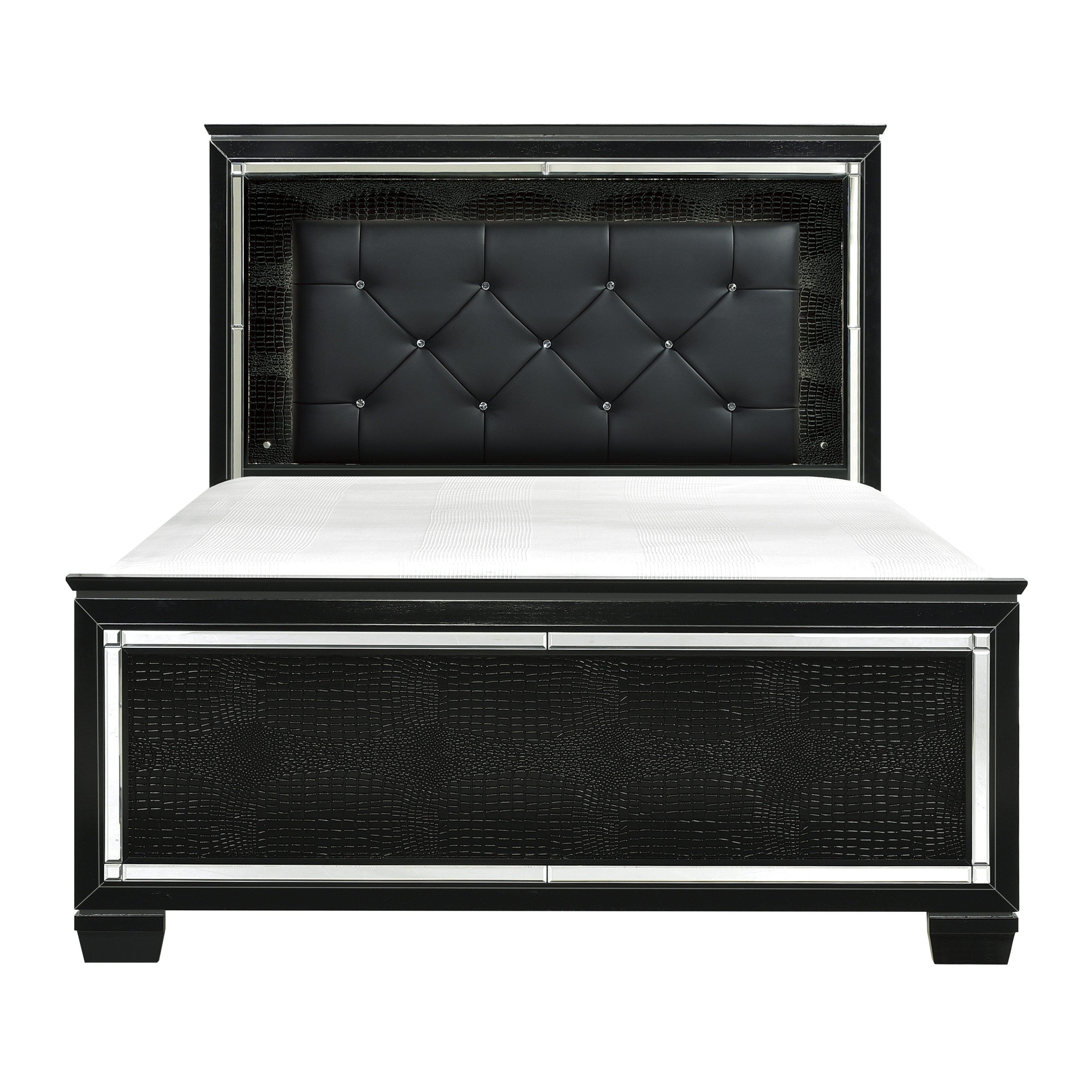 Black Finish Upholstered Button-Tufted 1pc Queen Size Bed LED Headboard Faux Alligator Embossed Textural Panels Wooden Bed