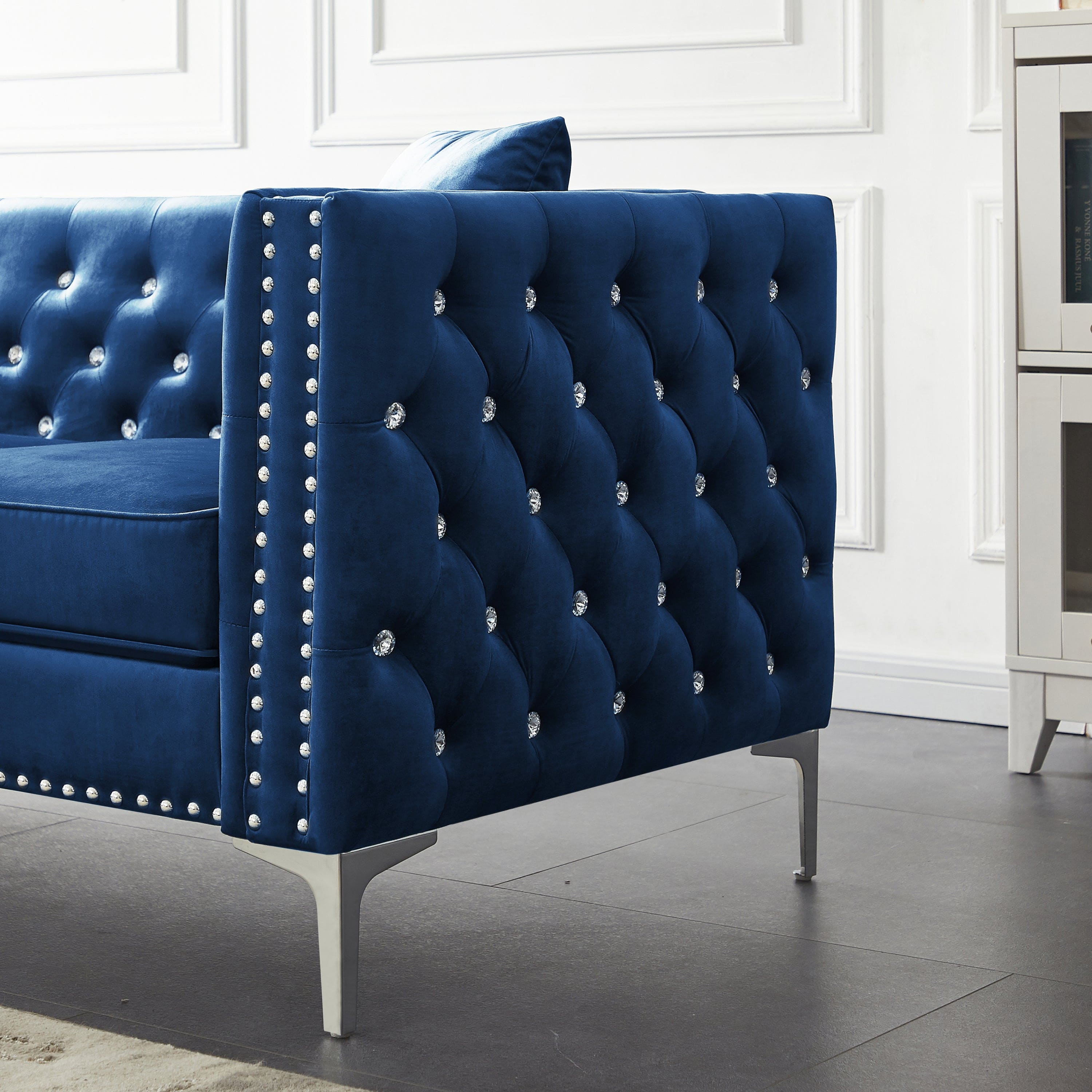 59.4 Inch Wide Blue Velvet Sofa with Jeweled buttons,Square Arm ,2 Pillows