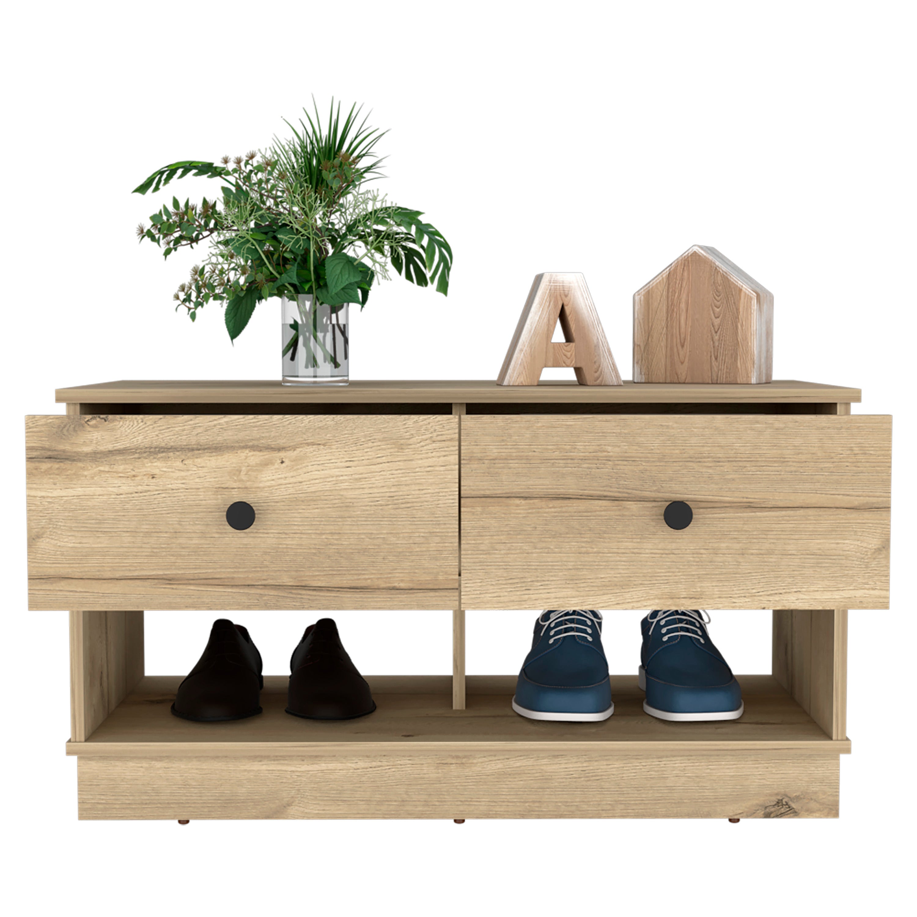 Storage Bench Beji, Lower Shelf, Two Drawers, Light Oak Finish