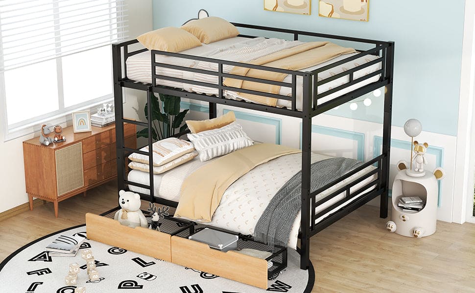 Metal Full Size Convertible Bunk Bed with 2 Drawers, Black