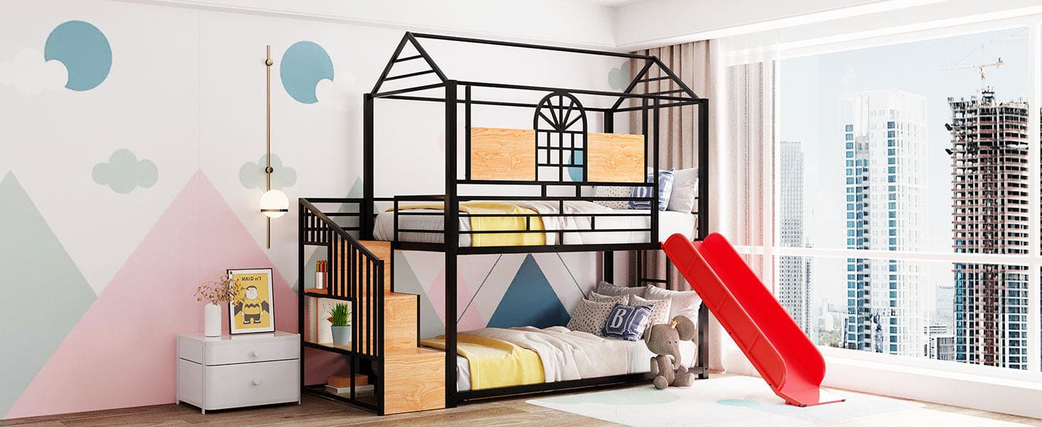 Twin Over Twin Metal Bunk Bed, Metal Housebed with Slide and Storage Stair, Black with Red Slide