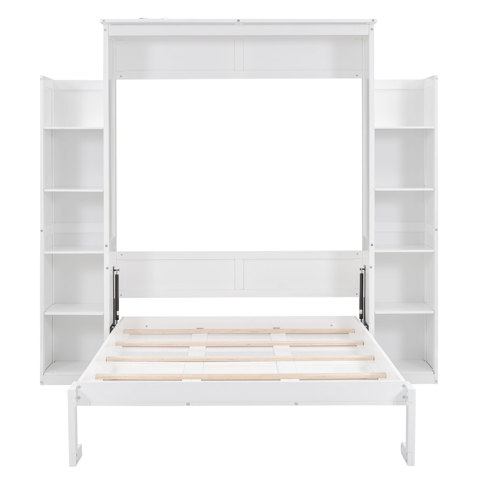 Full Size Murphy Bed Wall Bed with Shelves and LED Lights,White