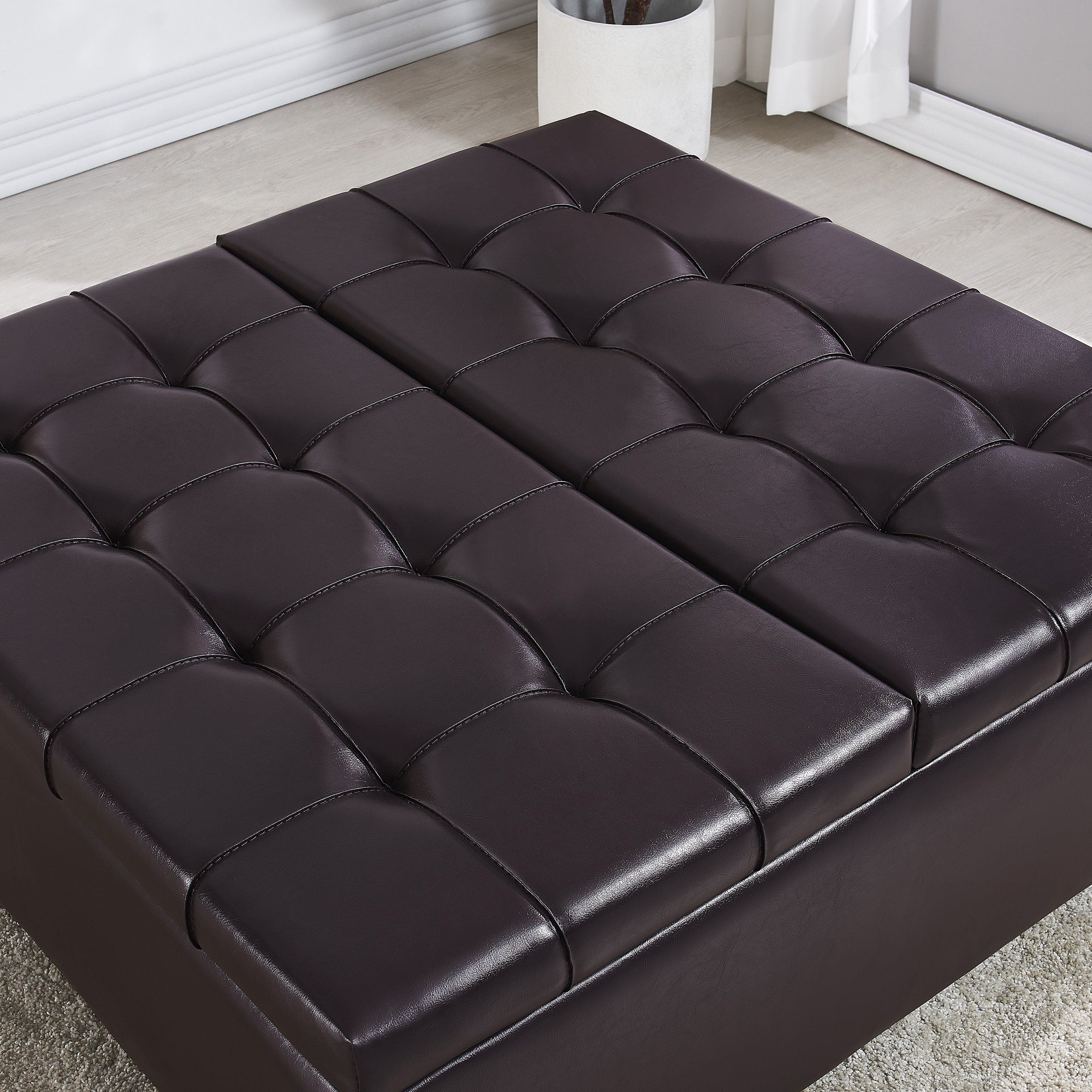 Large Square Faux Leather Storage Ottoman | Coffee table for Living Room & Bedroom (Dark Brown)