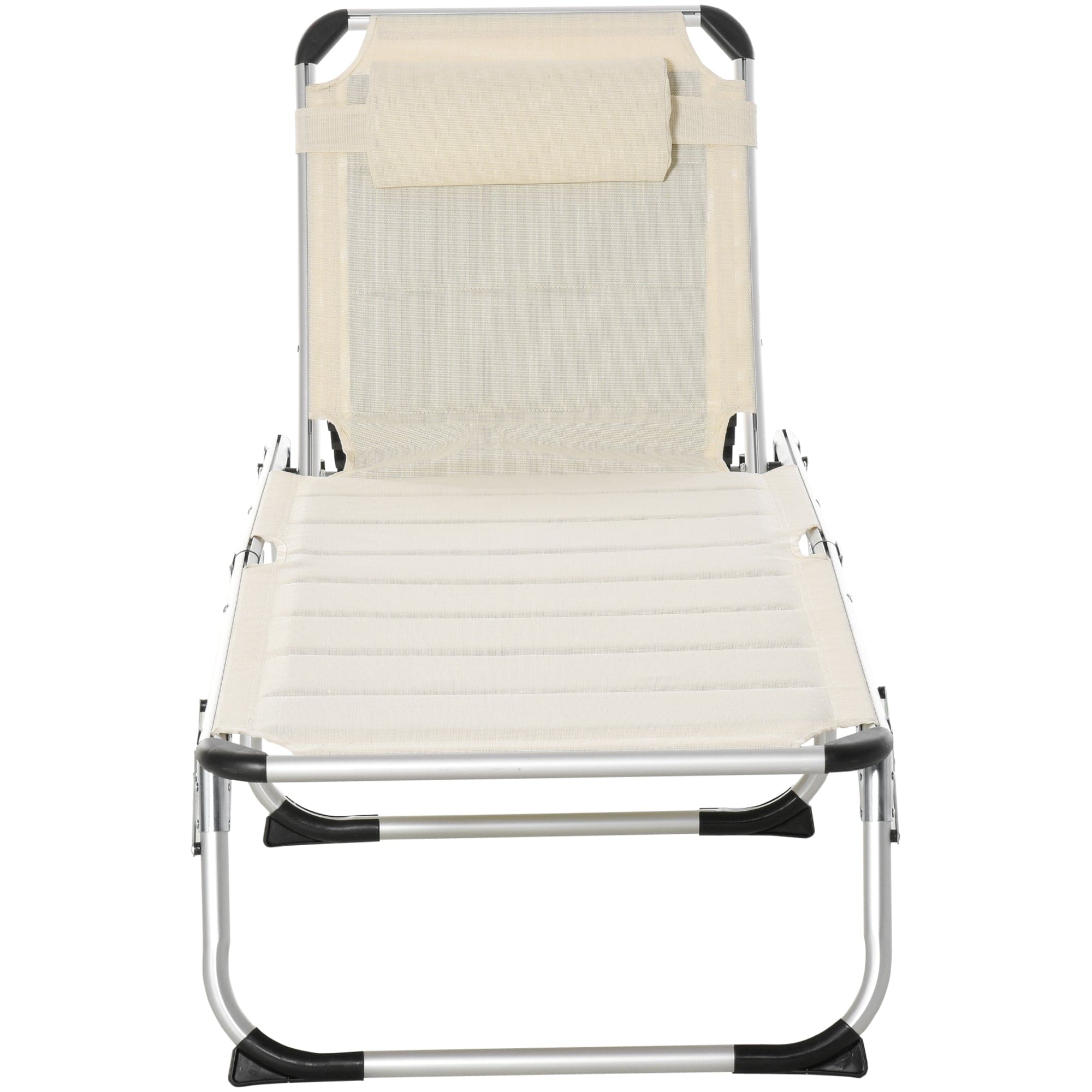 Outsunny Foldable Outdoor Chaise Lounge Chair, 5-Level Reclining Camping Tanning Chair with Aluminum Frame, Padding, and Headrest for Beach, Yard, Patio, Pool, White