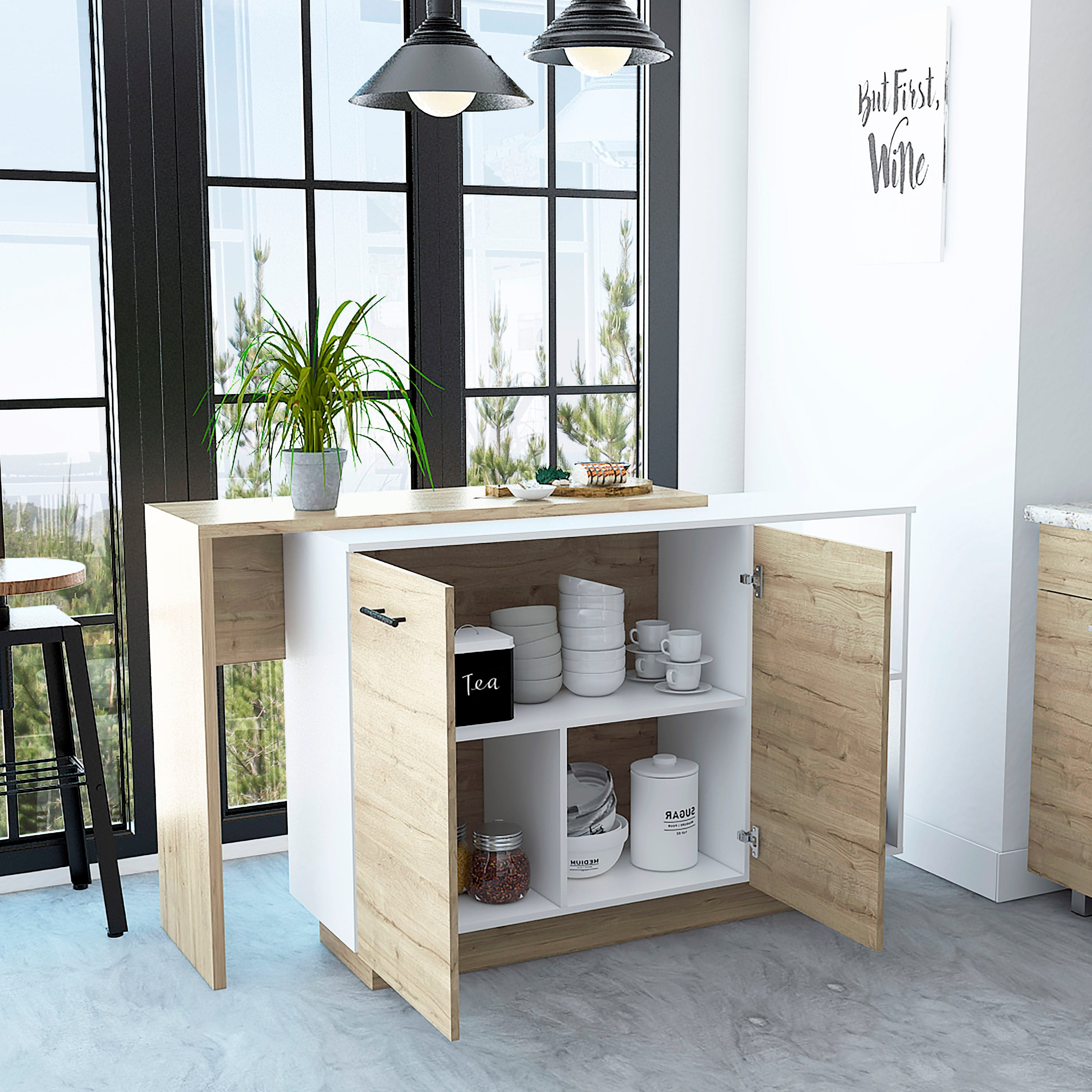 Sicilia Kitchen Island, Two  External Shelves, Double Door Cabinets, Three Shelves -White / Light Oak