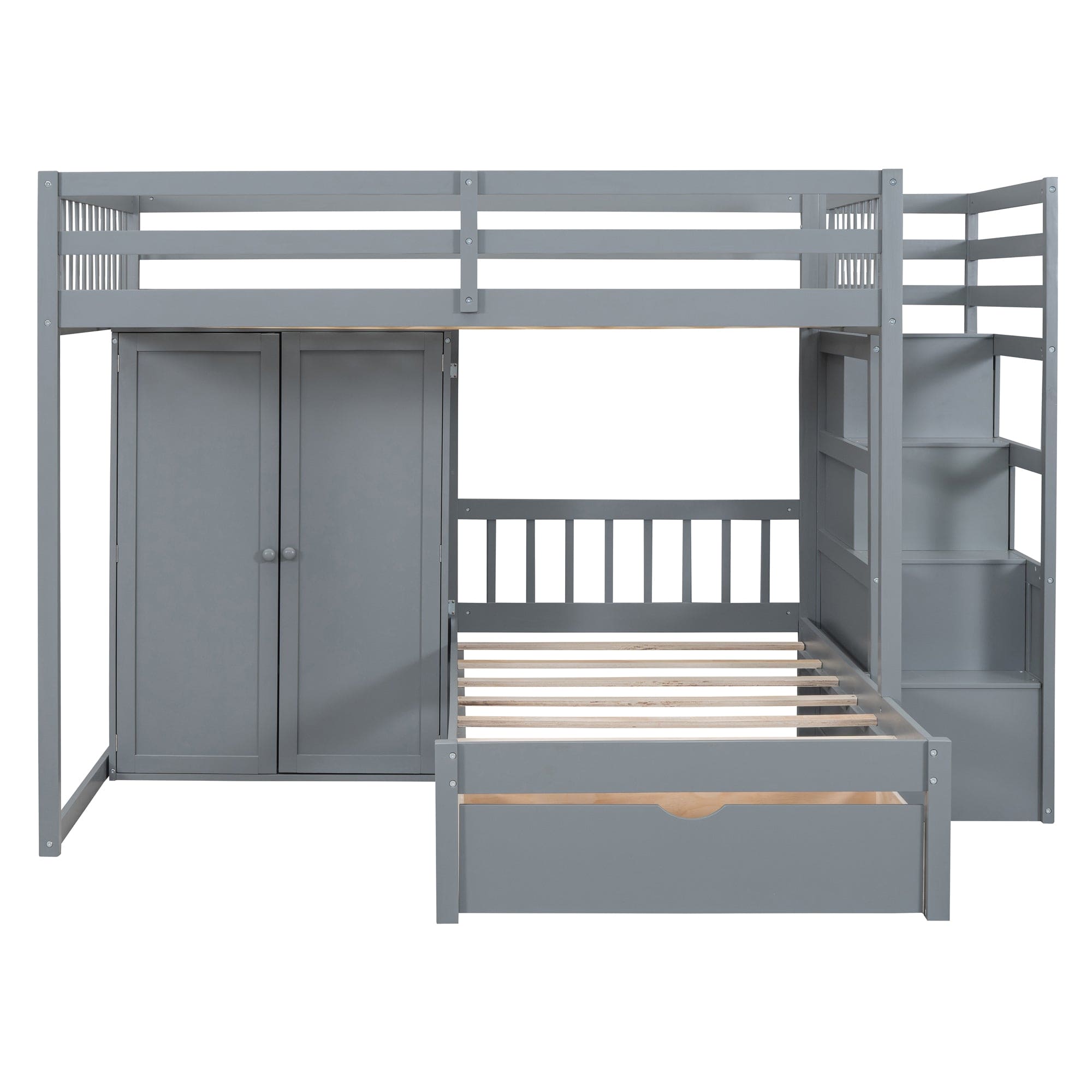 Full Over Twin Bunk Bed with Wardrobe, Drawers, Gray