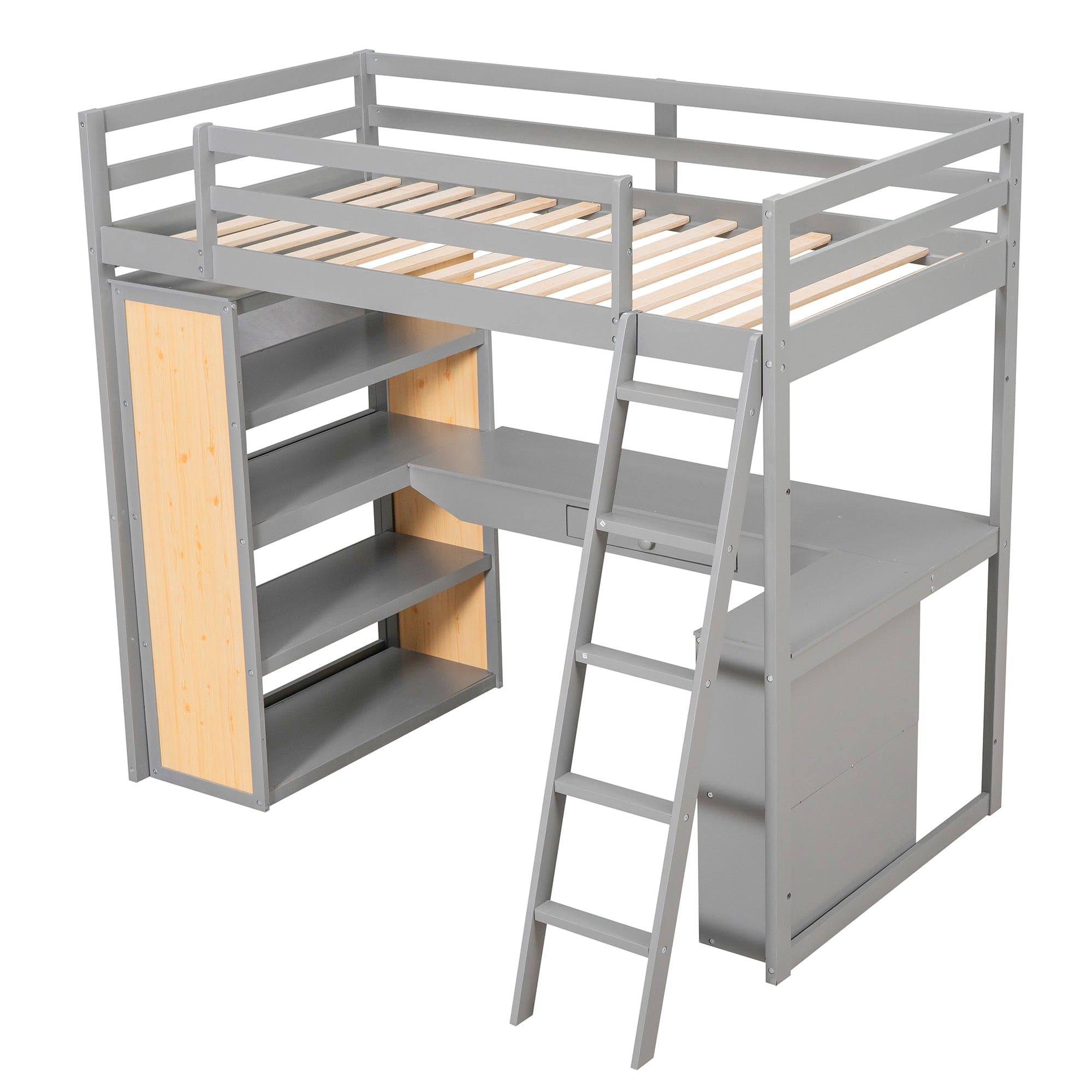 Twin Size Loft Bed with Ladder, Shelves, and Desk, Gray(LT100225AAE)