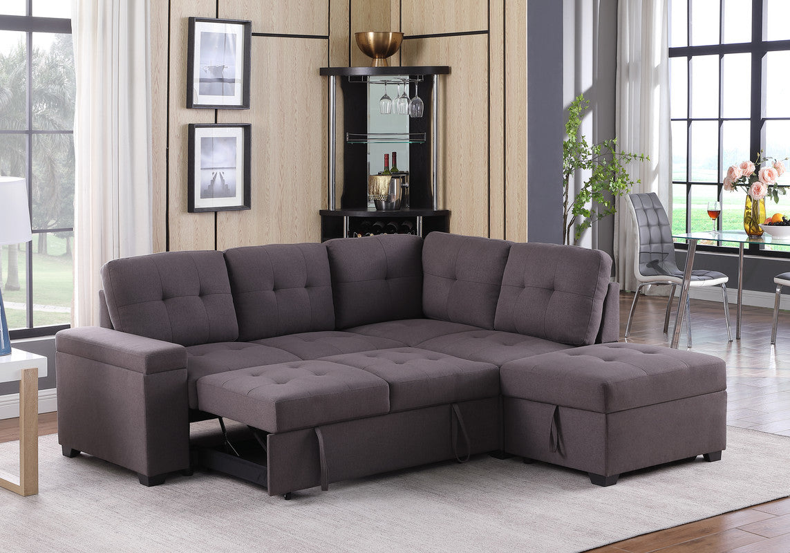 Katie Brown Linen Sleeper Sectional Sofa with Storage Ottoman, Storage Arm