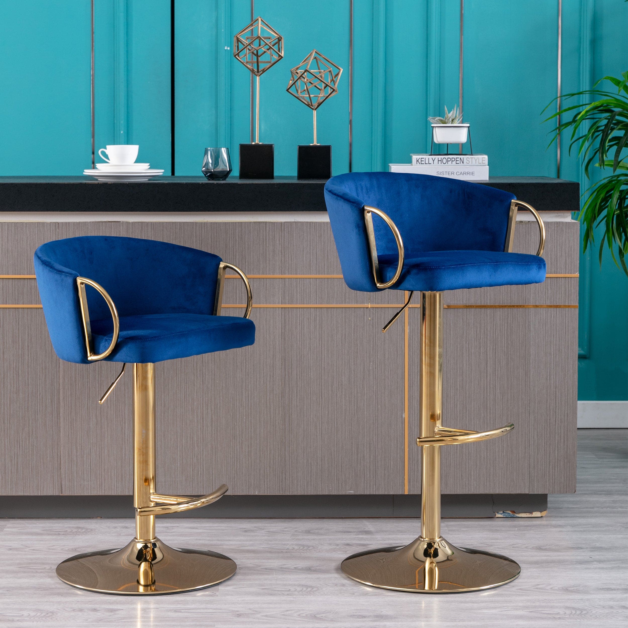 Set of 2  Bar Stools,with Chrome Footrest and Base Swivel Height Adjustable Mechanical Lifting Velvet + Golden Leg Simple Bar Stool-Navy