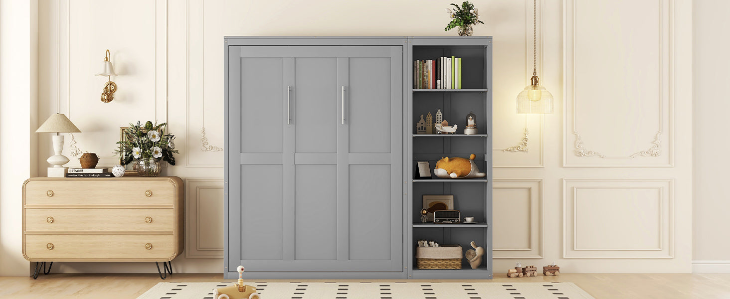 Queen Size Murphy Bed Wall Bed with Shelves,Gray