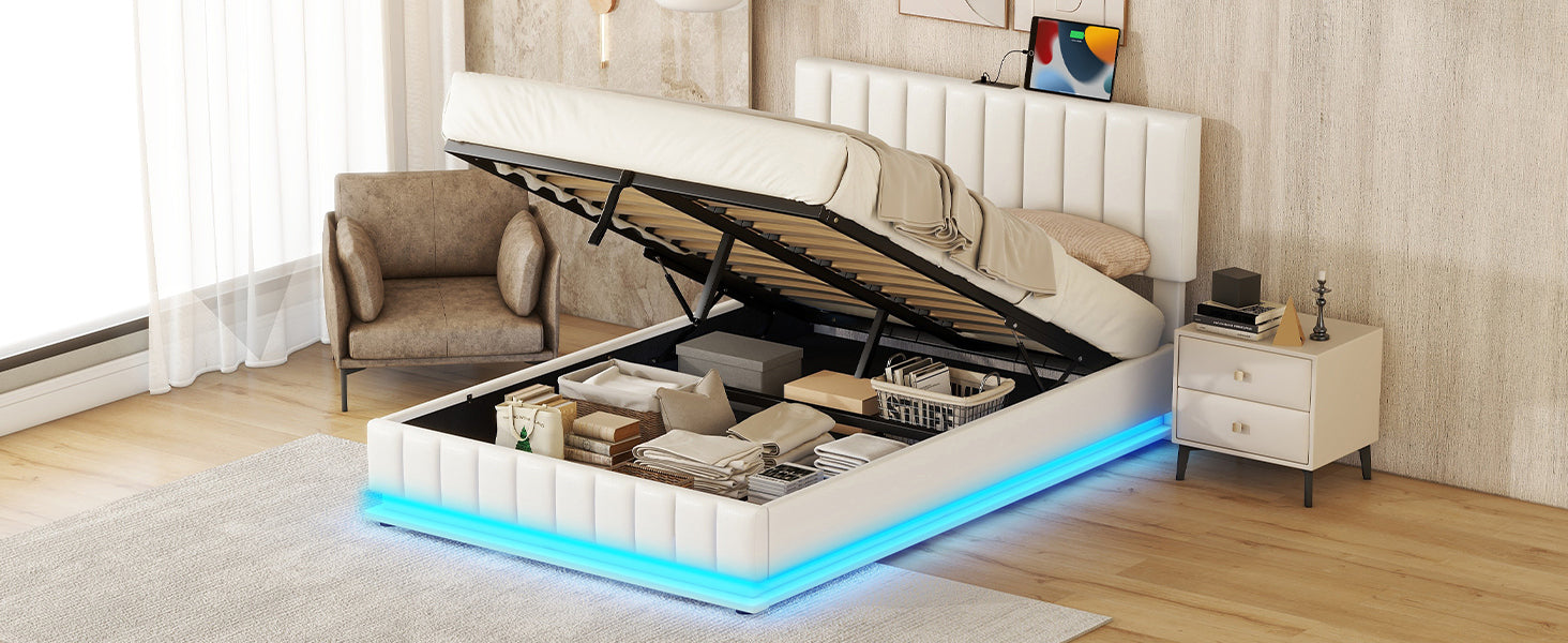 Full Size Upholstered Bed with Hydraulic Storage System and LED Light, Modern Platform Bed with Sockets and USB Ports, White