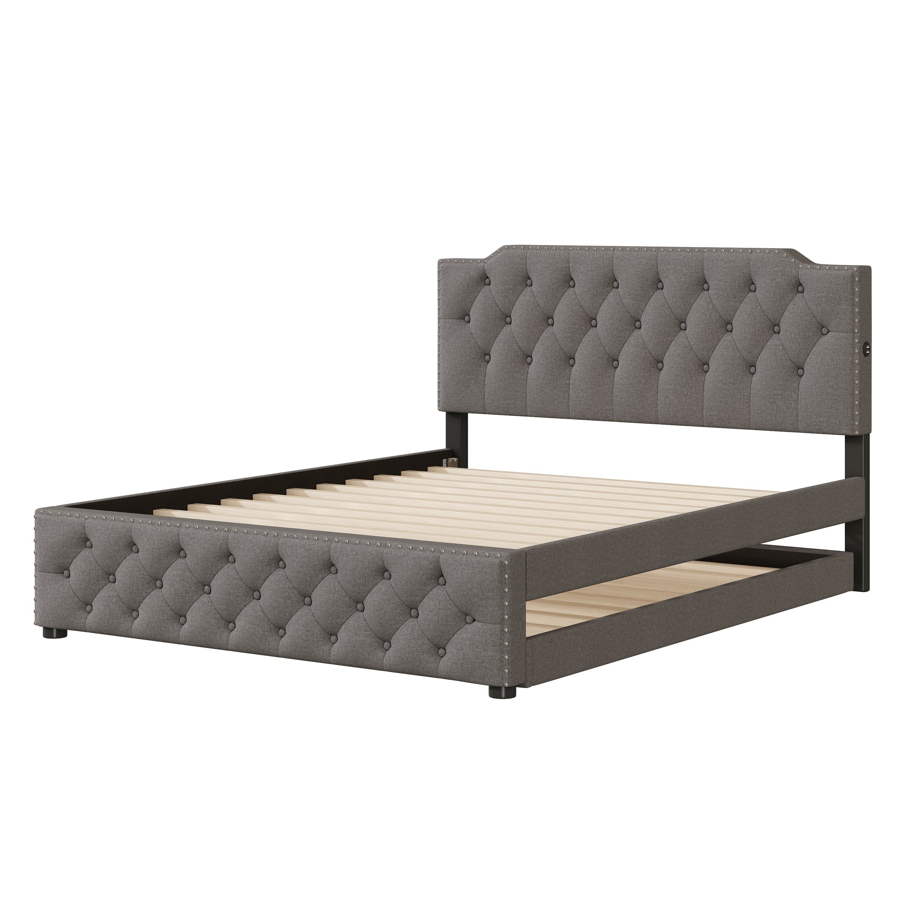 Queen Size Upholstered Platform Bed with Twin Size Trundle and 2 sets of USB Ports on each side, Linen Fabric, Gray