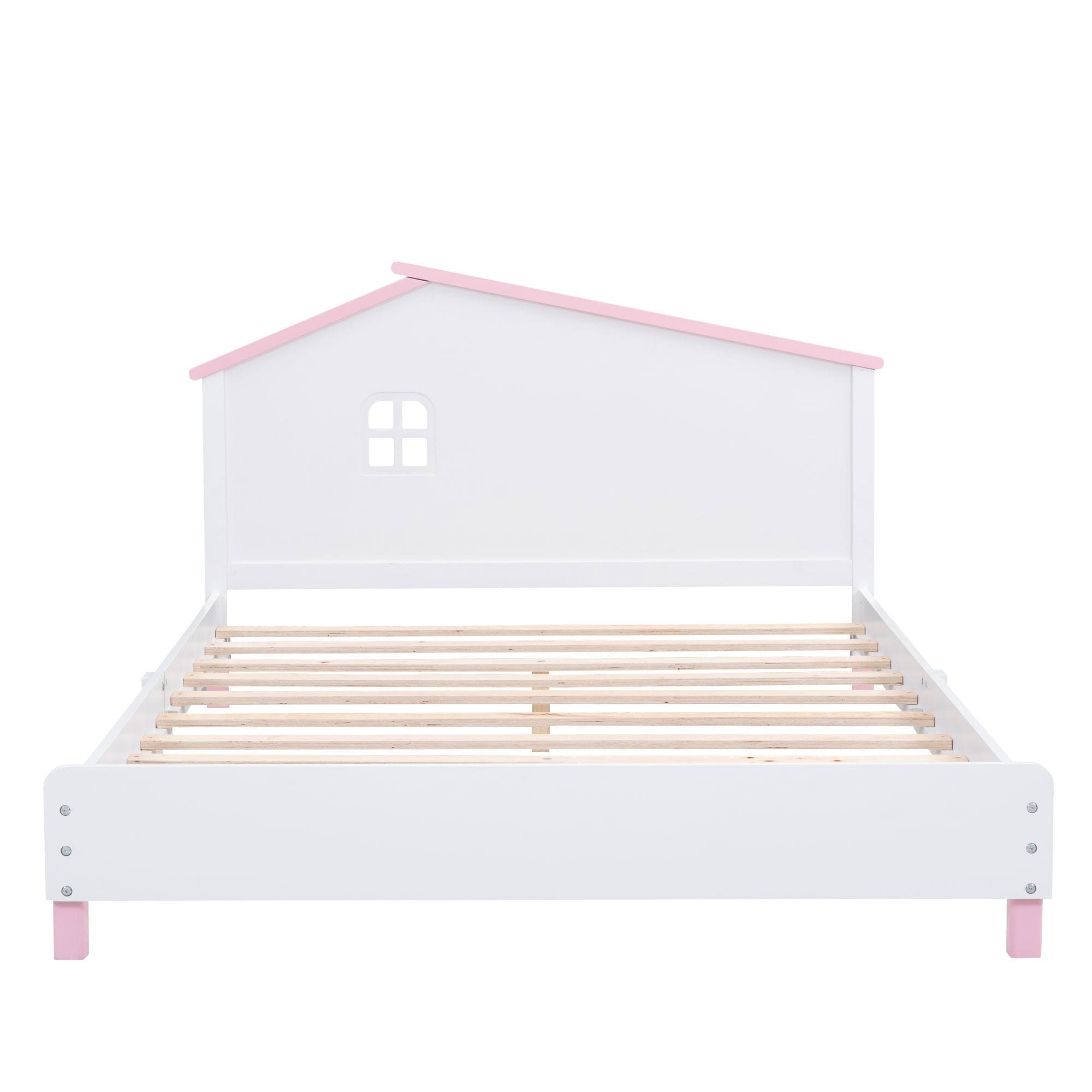 Full Size Wood Platform Bed with House-shaped Headboard  (White+Pink)